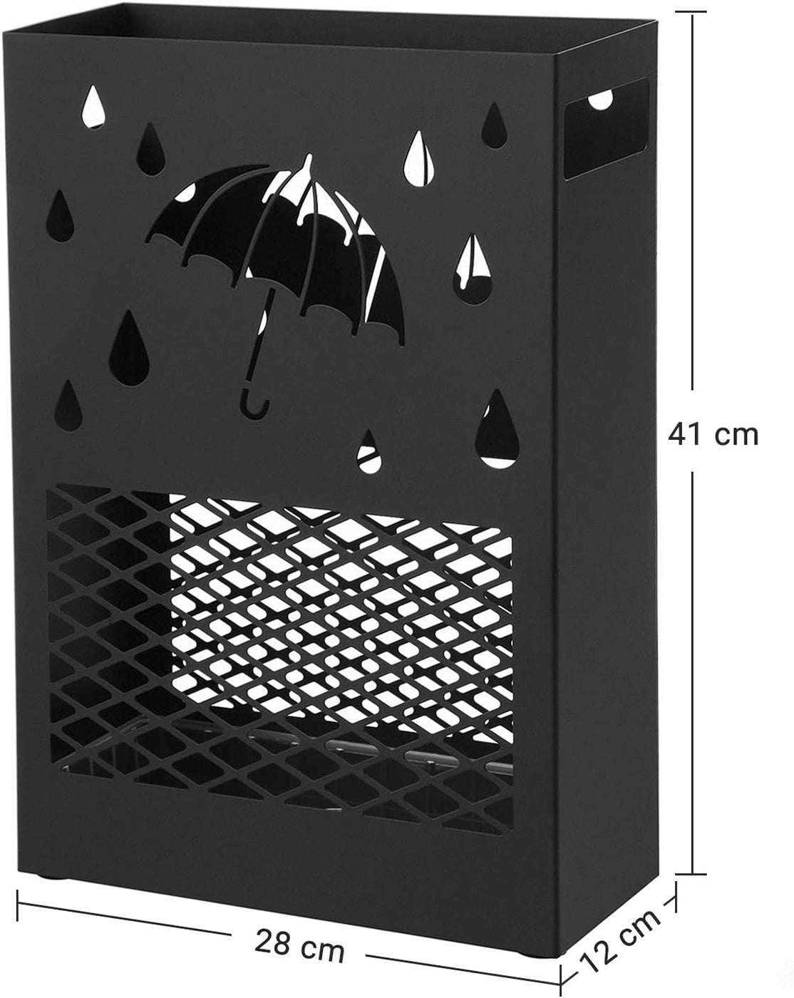 Umbrella Stand - Metal - Black - Rectangular with Removable Drip Tray and 4 Hooks