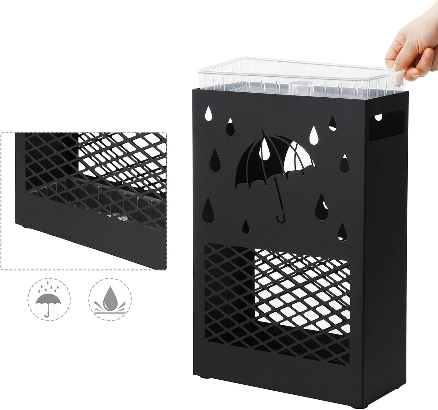 Umbrella Stand - Metal - Black - Rectangular with Removable Drip Tray and 4 Hooks
