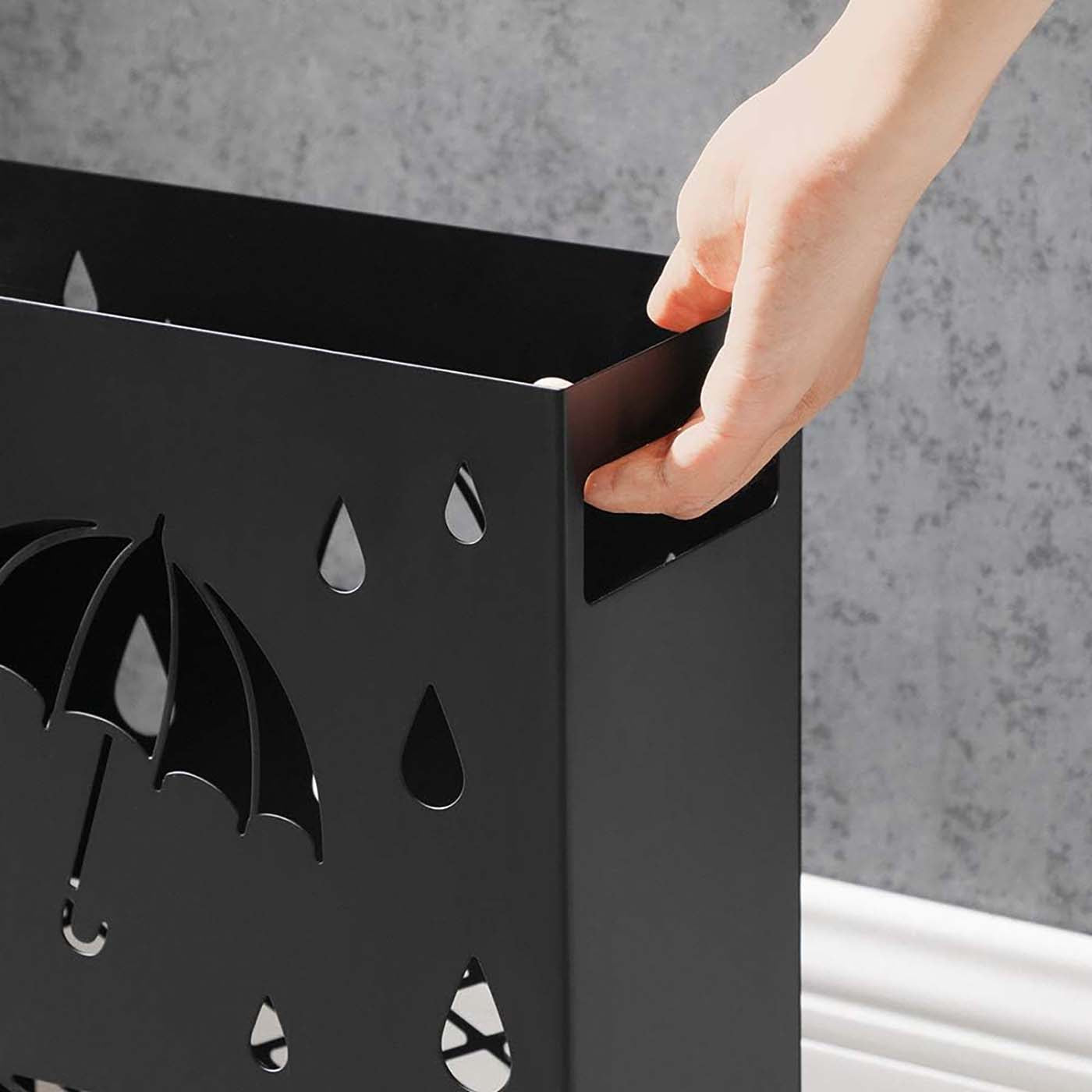 Umbrella Stand - Metal - Black - Rectangular with Removable Drip Tray and 4 Hooks