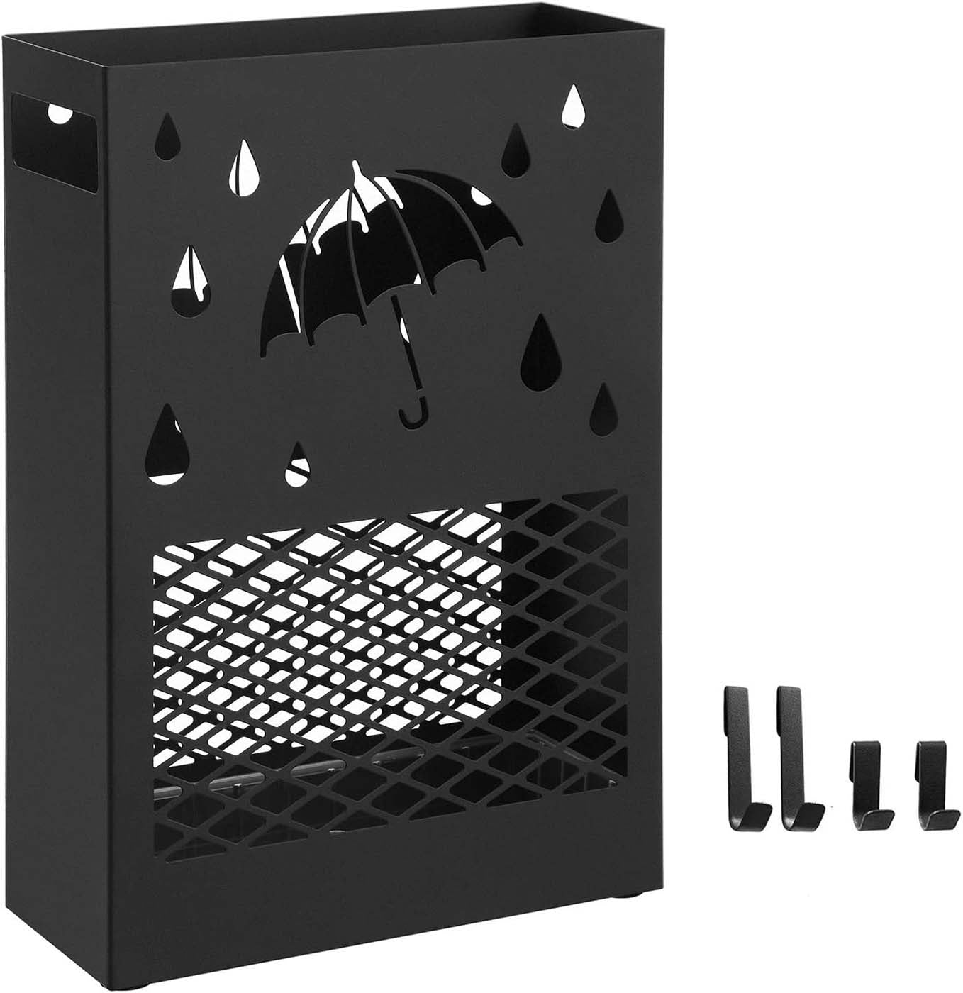 Umbrella Stand - Metal - Black - Rectangular with Removable Drip Tray and 4 Hooks