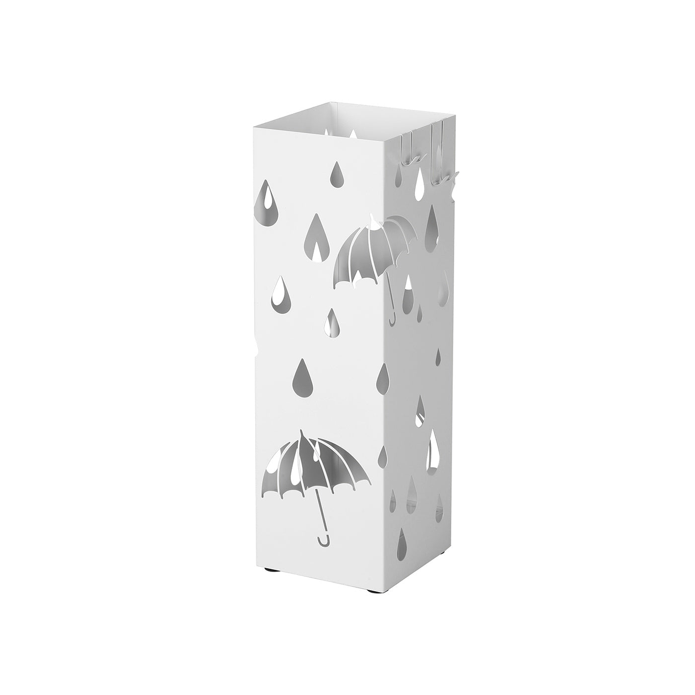 Umbrella Stand - Metal - White - Square Design with Hooks and Drip Tray