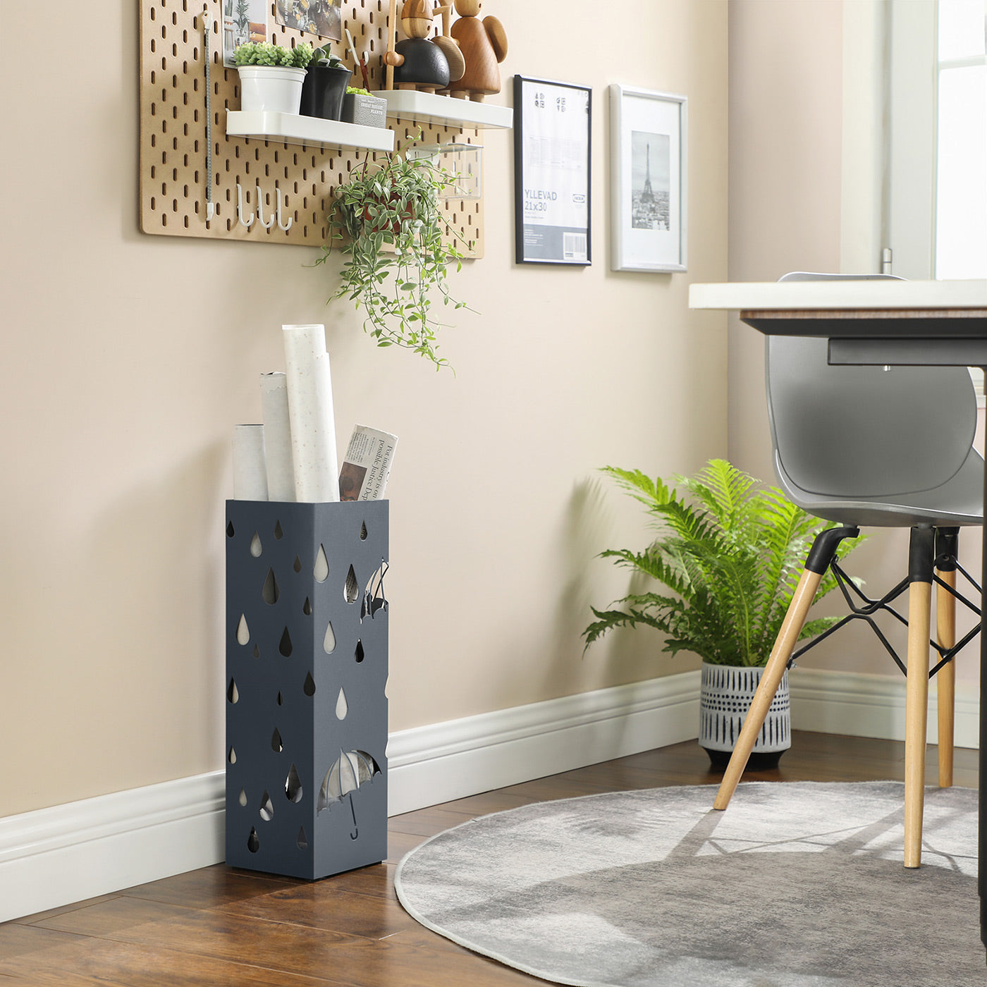 Umbrella Stand - Metal - Anthracite Grey - Square Design with Drip Tray and Hooks