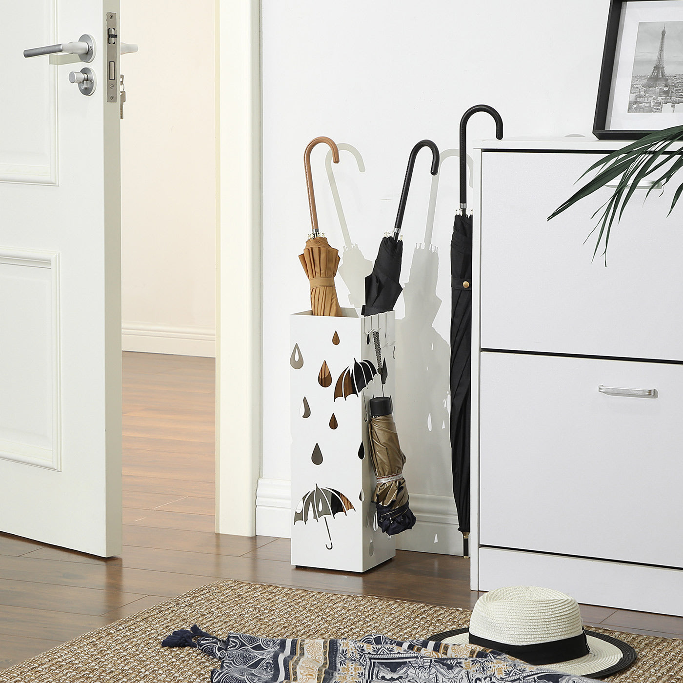 Umbrella Stand - Metal - White - Square Design with Hooks and Drip Tray