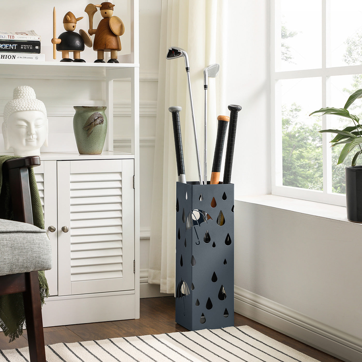 Umbrella Stand - Metal - Anthracite Grey - Square Design with Drip Tray and Hooks