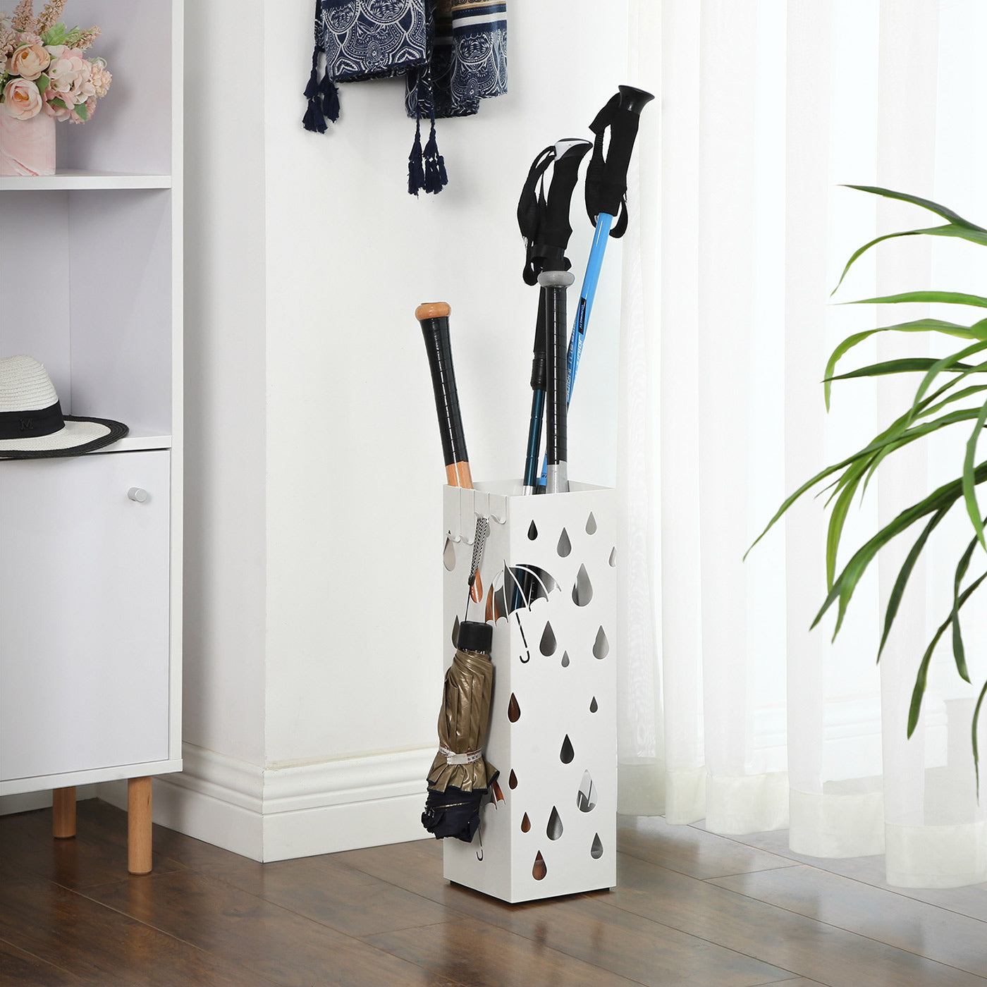 Umbrella Stand - Metal - White - Square Design with Hooks and Drip Tray