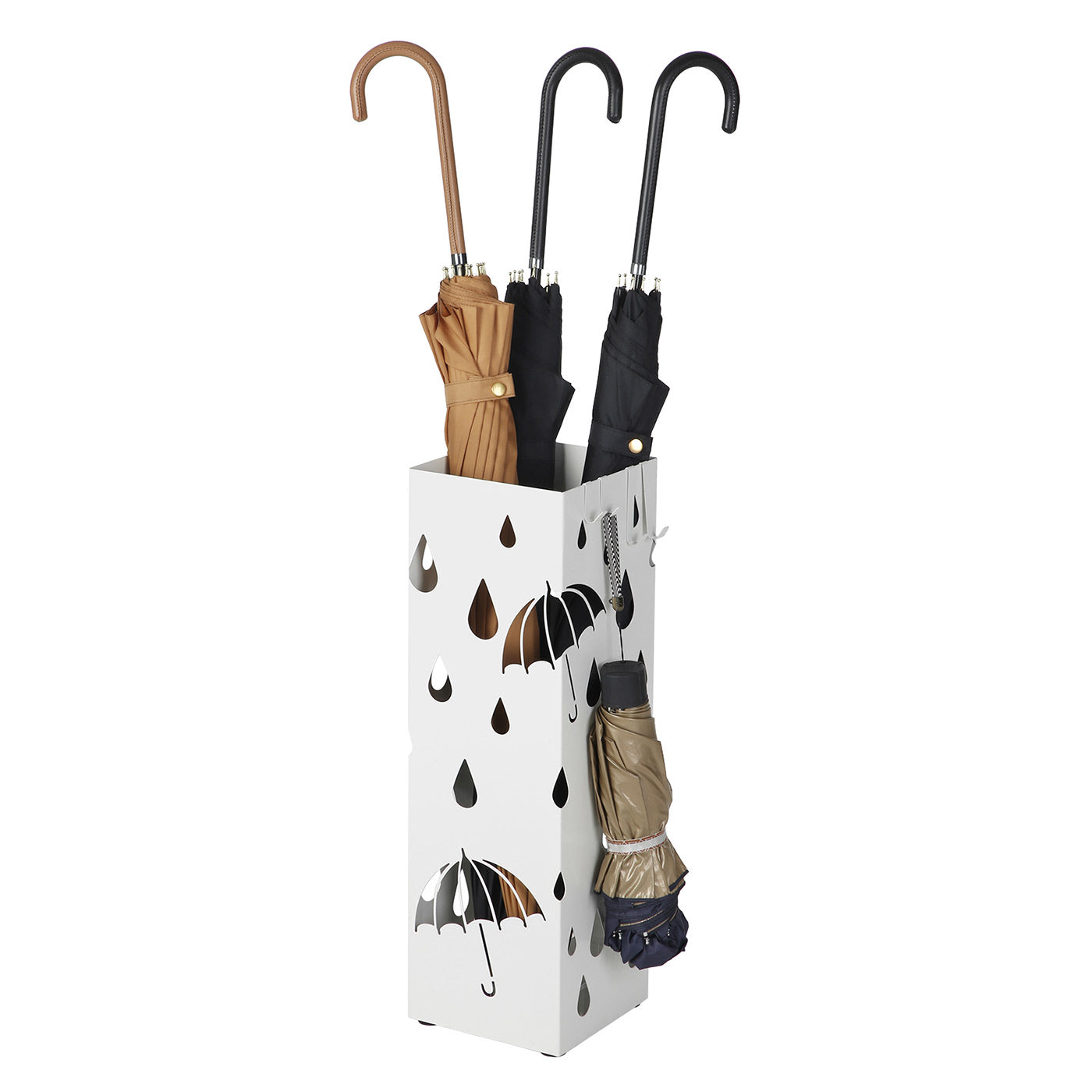 Umbrella Stand - Metal - White - Square Design with Hooks and Drip Tray