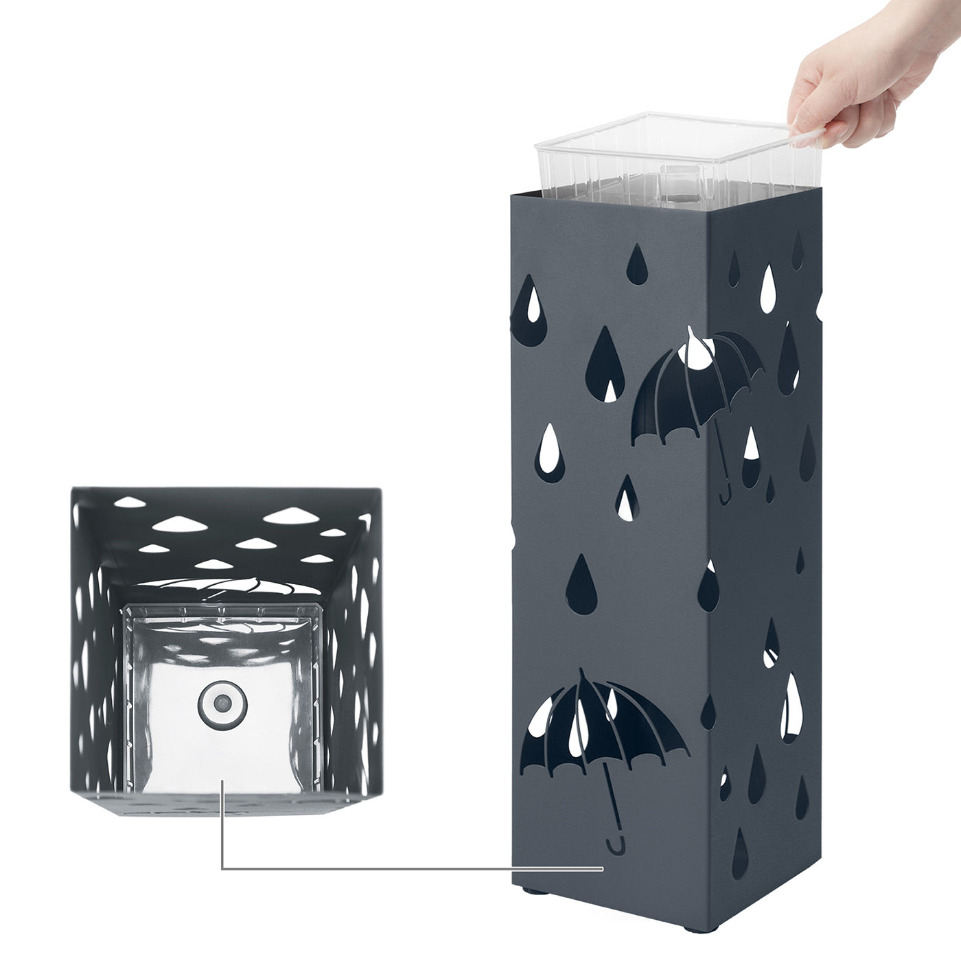Umbrella Stand - Metal - Anthracite Grey - Square Design with Drip Tray and Hooks