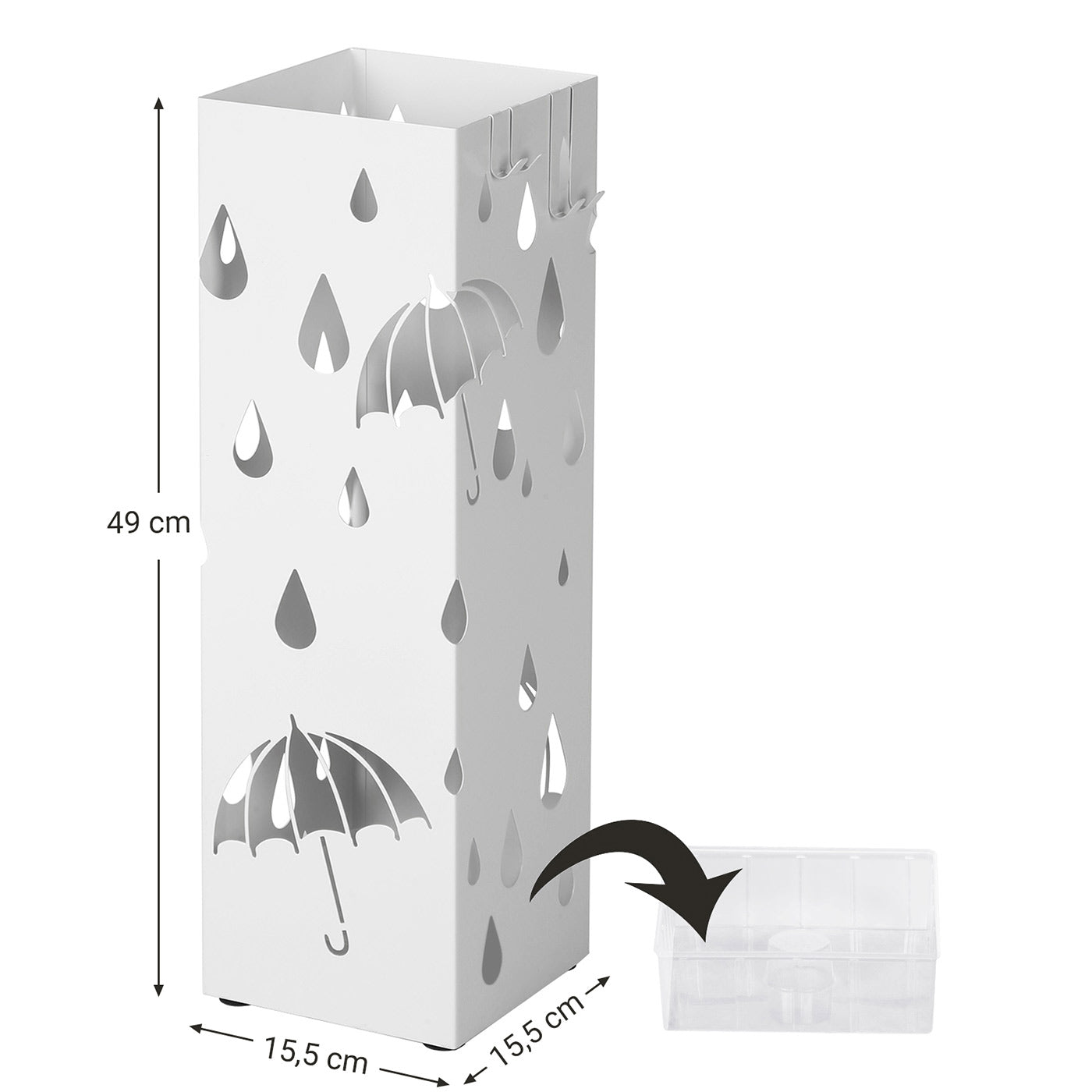 Umbrella Stand - Metal - White - Square Design with Hooks and Drip Tray