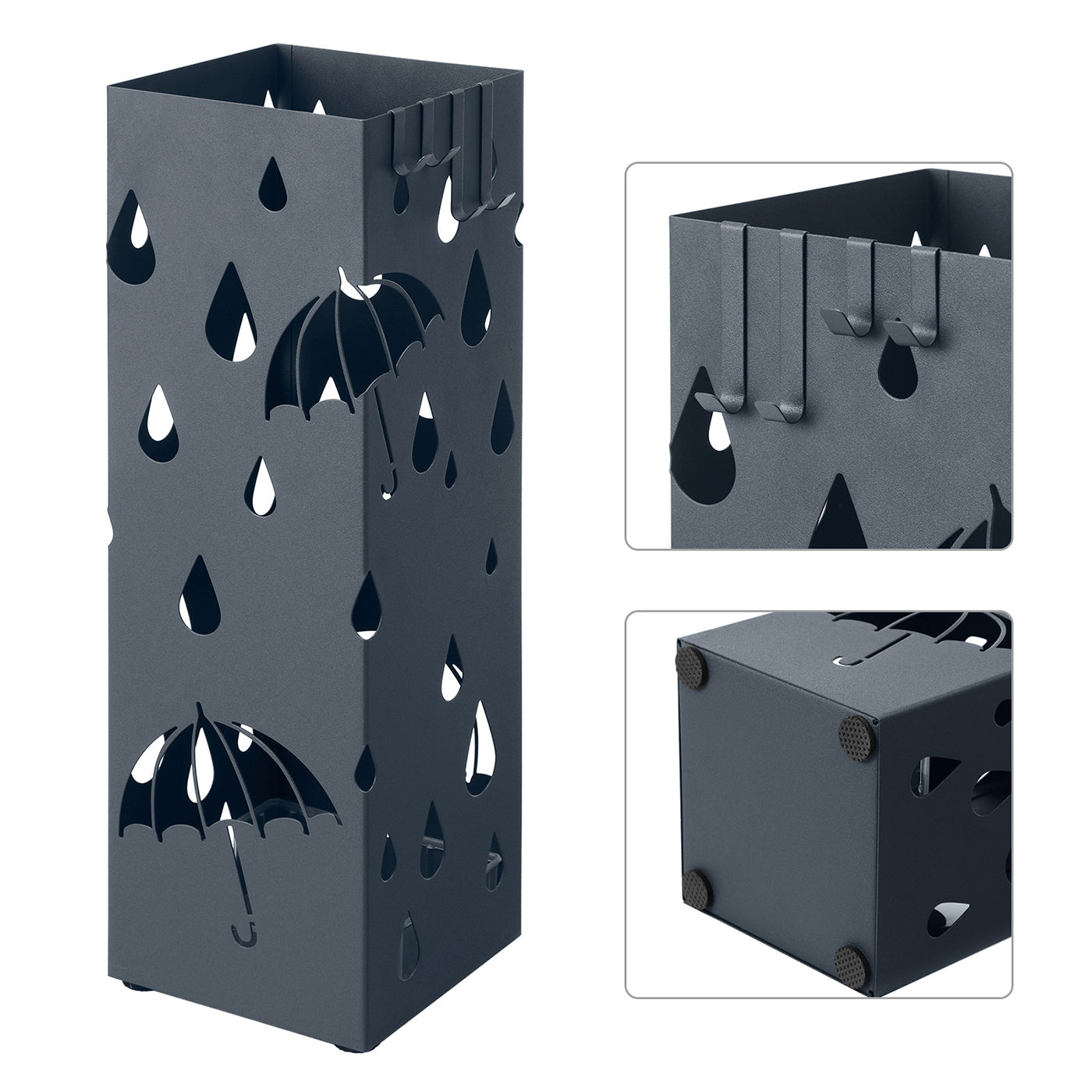 Umbrella Stand - Metal - Anthracite Grey - Square Design with Drip Tray and Hooks