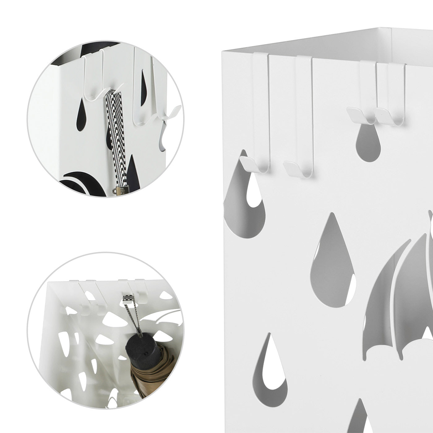 Umbrella Stand - Metal - White - Square Design with Hooks and Drip Tray