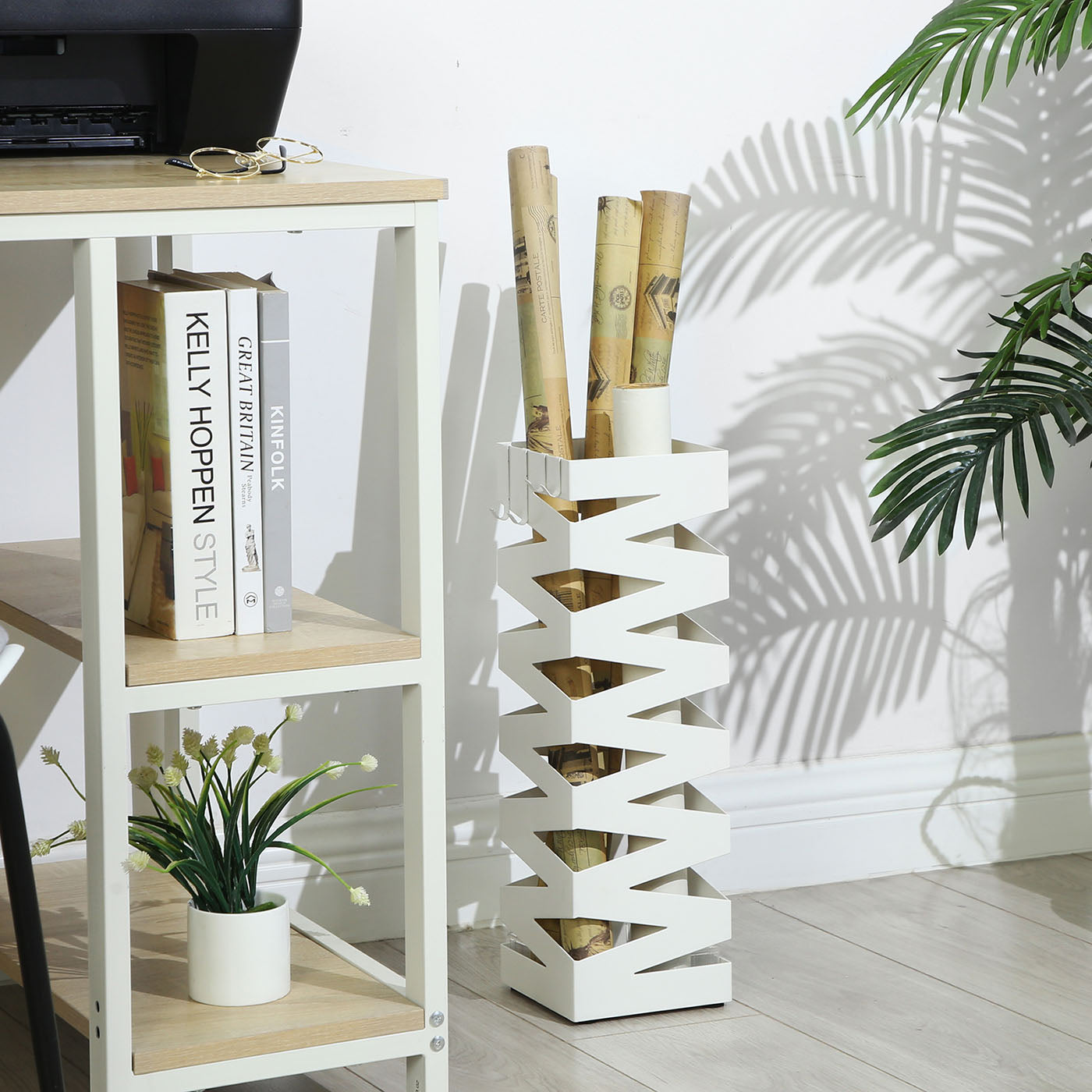 Square Umbrella Holder Rack - Metal - White - With Hooks and Drip Tray