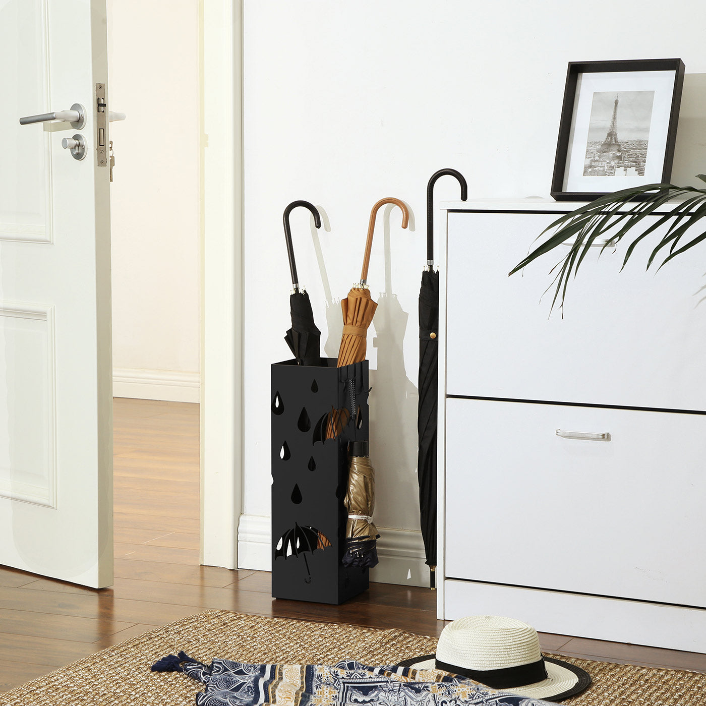 Umbrella Stand - Metal - Black - Includes Drip Tray and Hooks