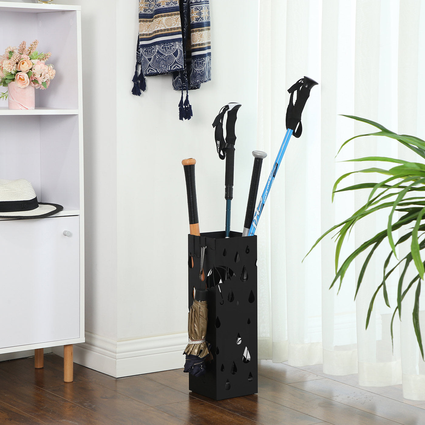 Umbrella Stand - Metal - Black - Includes Drip Tray and Hooks