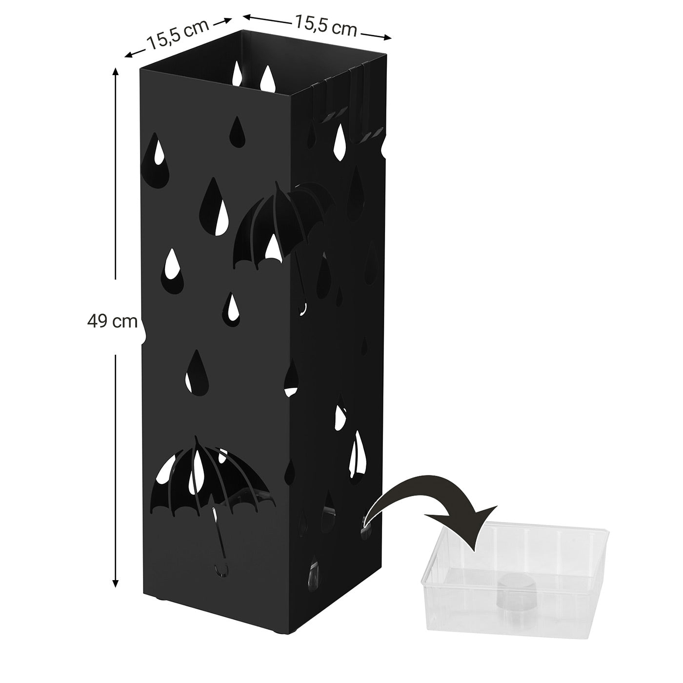 Umbrella Stand - Metal - Black - Includes Drip Tray and Hooks