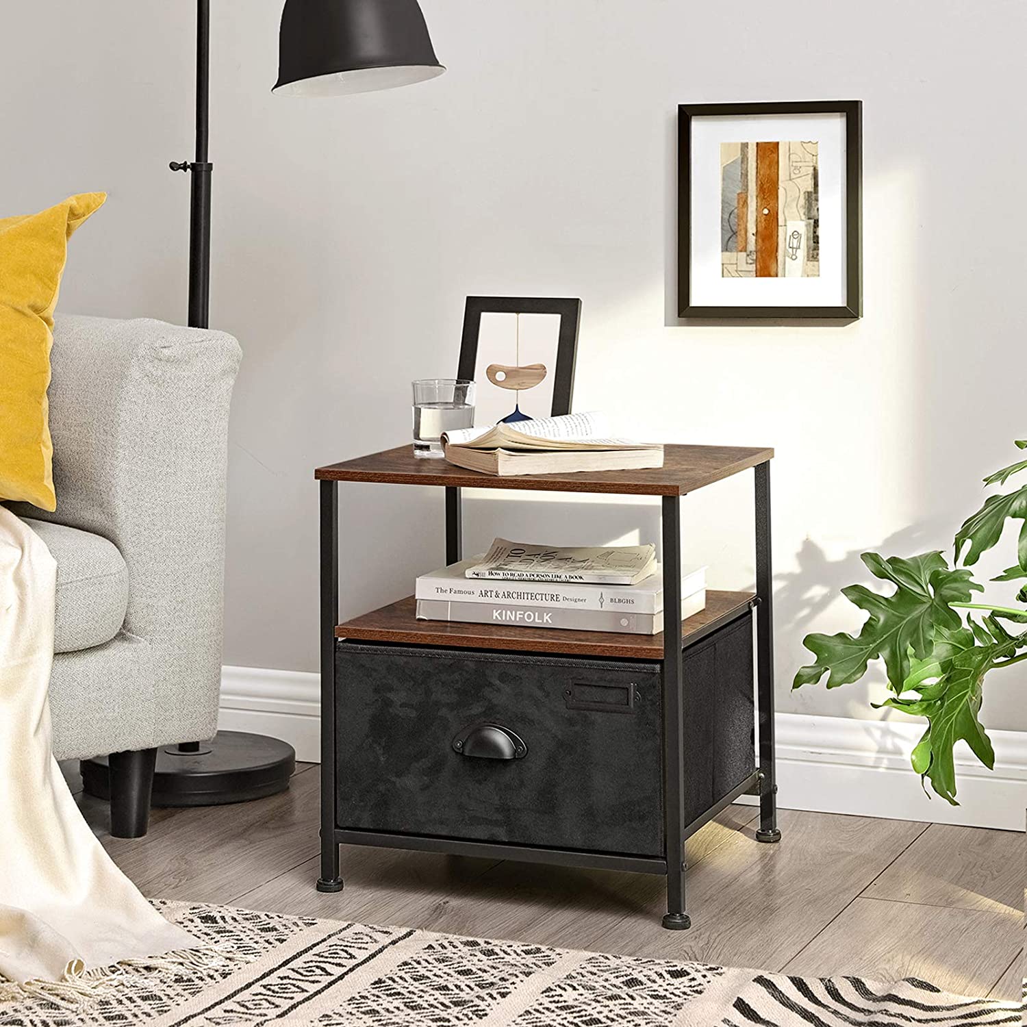 Bedside Table - Fabric - Rustic Brown & Black - Durable Design for Long-Lasting Use