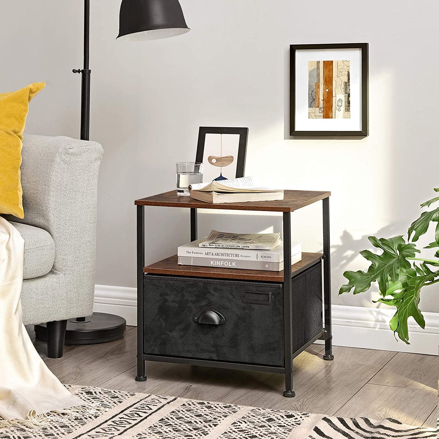 Bedside Table - Fabric - Rustic Brown & Black - Durable Design for Long-Lasting Use