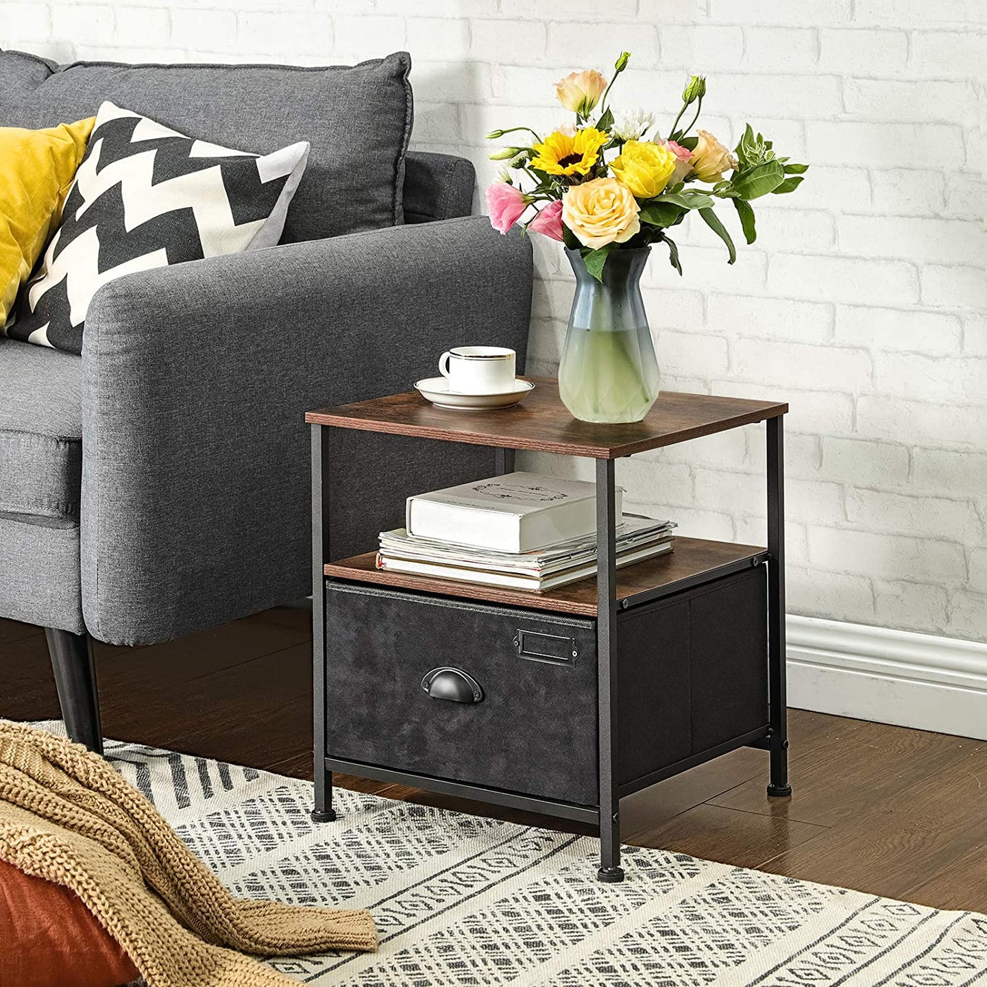 Bedside Table - Fabric - Rustic Brown & Black - Durable Design for Long-Lasting Use