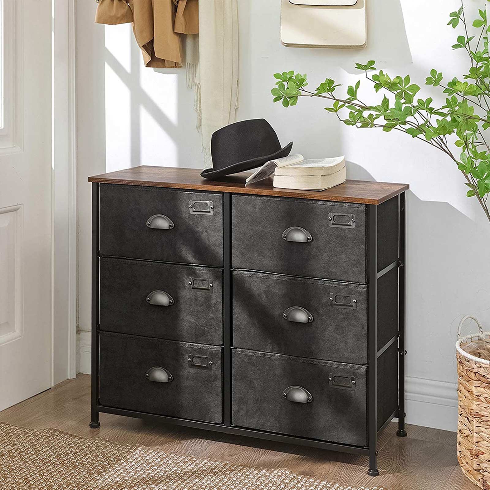 Wide Storage Dresser - Fabric - Rustic Brown and Black - 6 Drawers