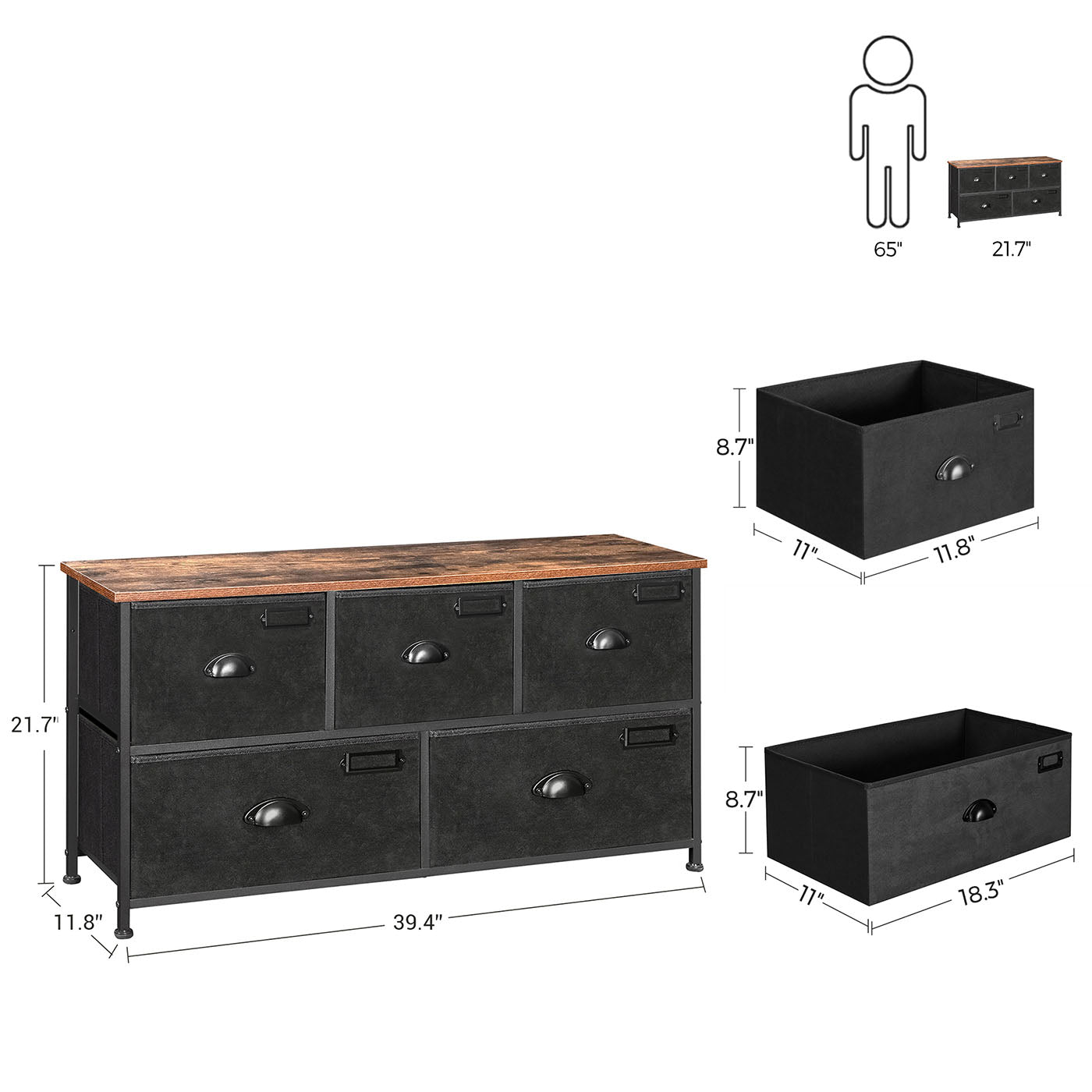 Storage Dresser - 5 Drawers, Metal Frame - Fabric - Rustic Brown and Black