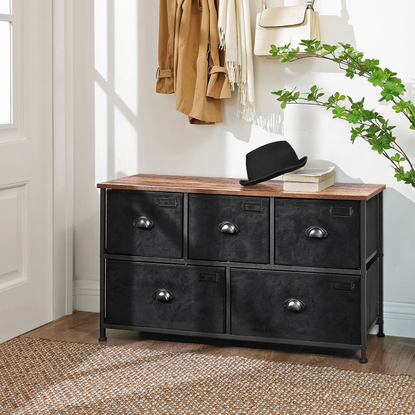 Storage Dresser - 5 Drawers, Metal Frame - Fabric - Rustic Brown and Black