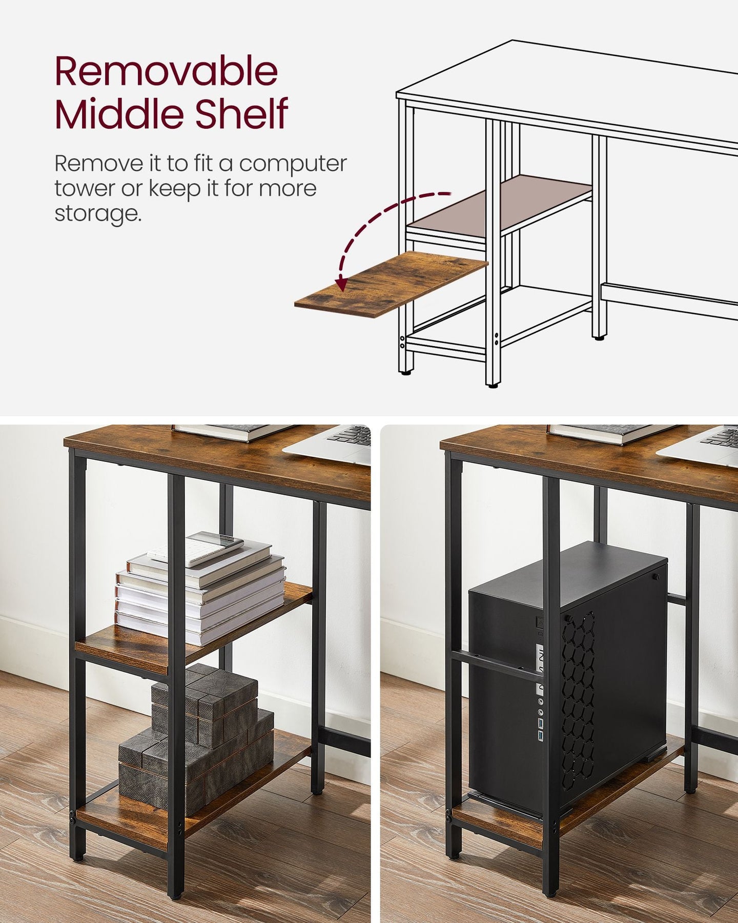 Computer Desk - With 2 Shelves - Steel - Rustic Brown