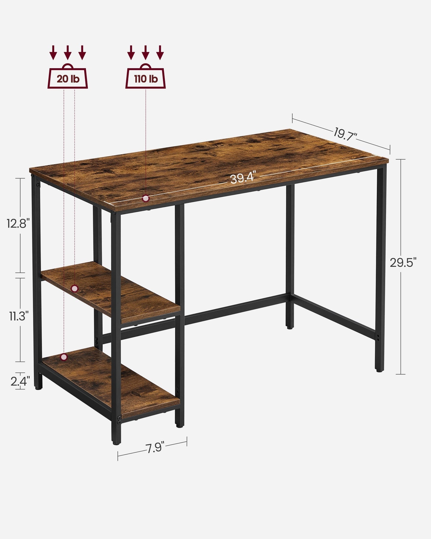 Computer Desk - With 2 Shelves - Steel - Rustic Brown