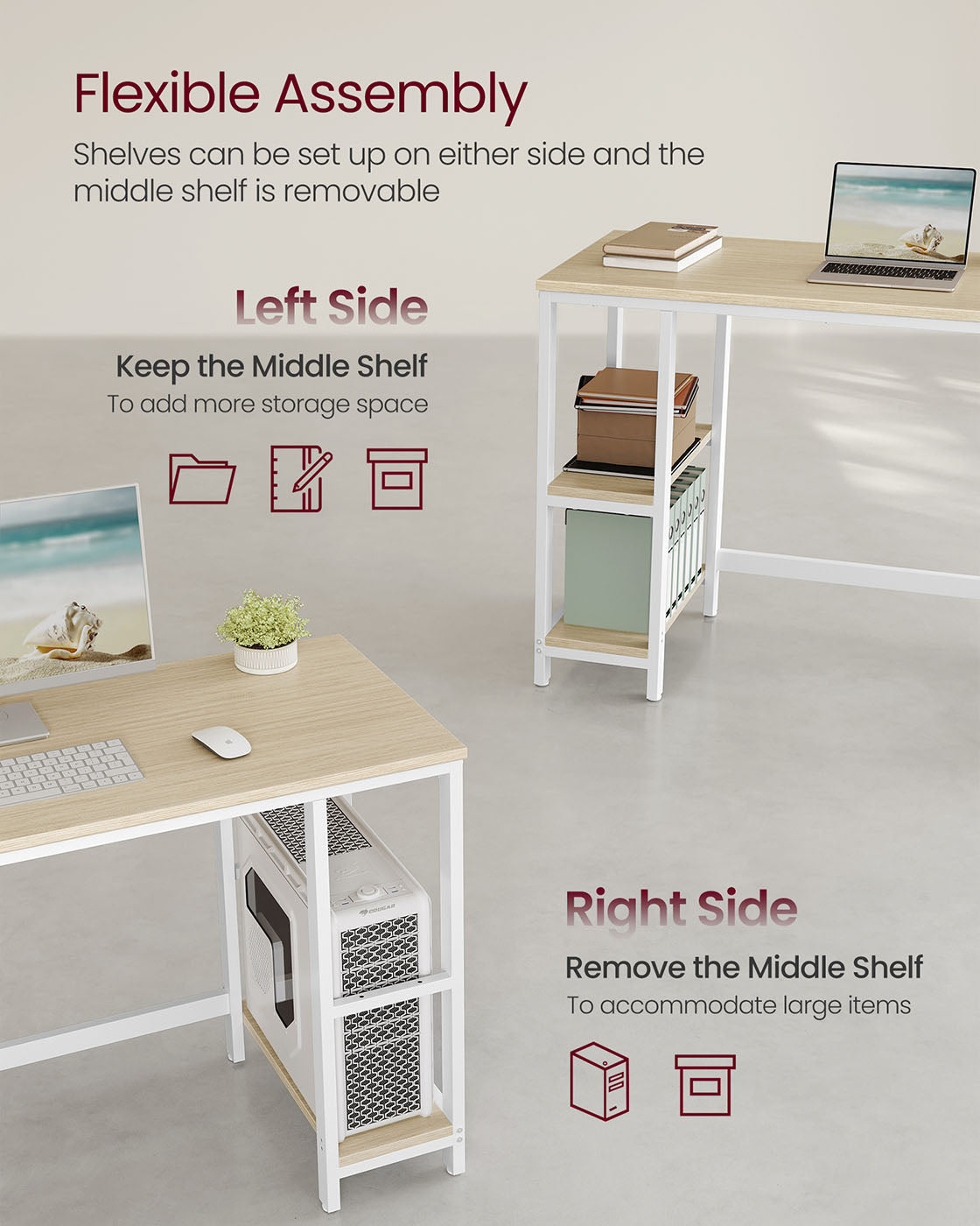Computer Desk - Includes 2 Shelves - Steel - Natural Beige