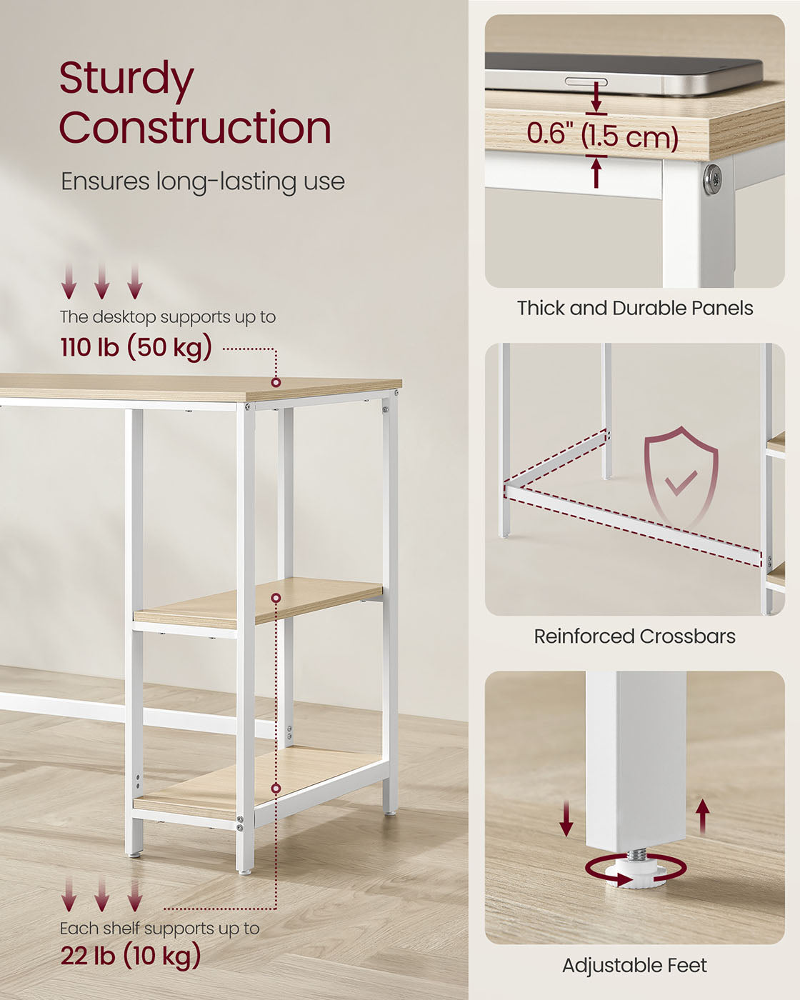 Computer Desk - Includes 2 Shelves - Steel - Natural Beige