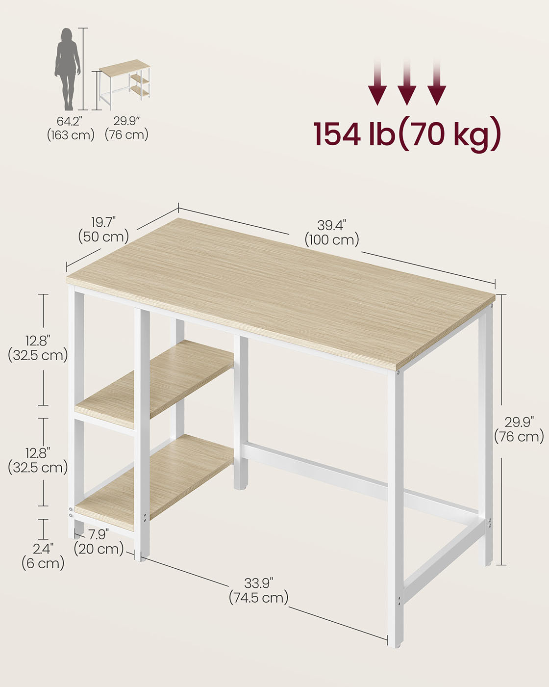 Computer Desk - Includes 2 Shelves - Steel - Natural Beige