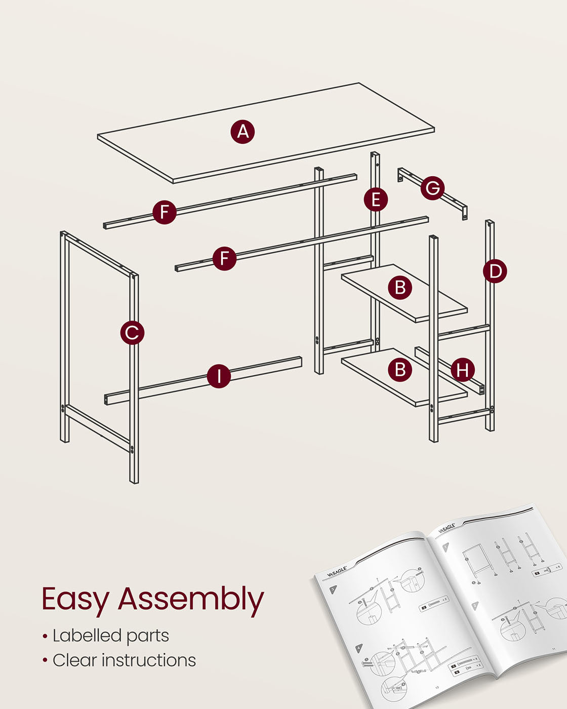 Computer Desk - Includes 2 Shelves - Steel - Natural Beige