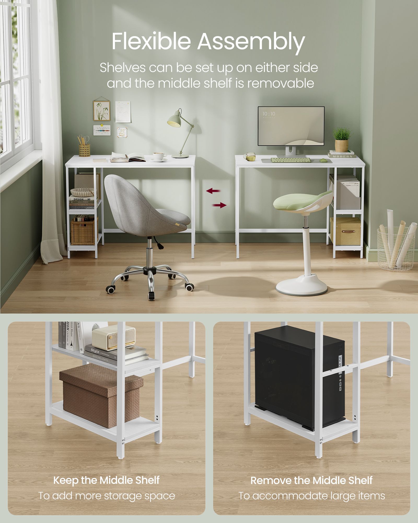 Computer Desk - Steel - Maple White - 100 cm Wide with Adjustable Shelves