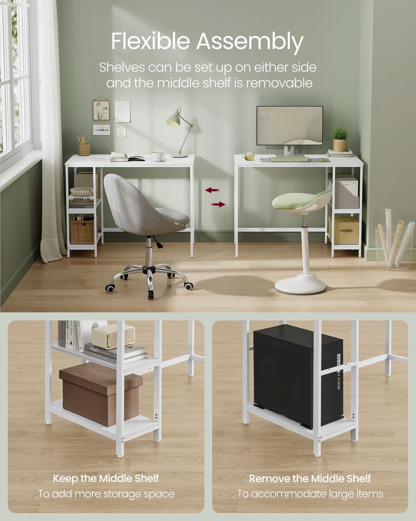 Computer Desk - Steel - Maple White - 100 cm Wide with Adjustable Shelves