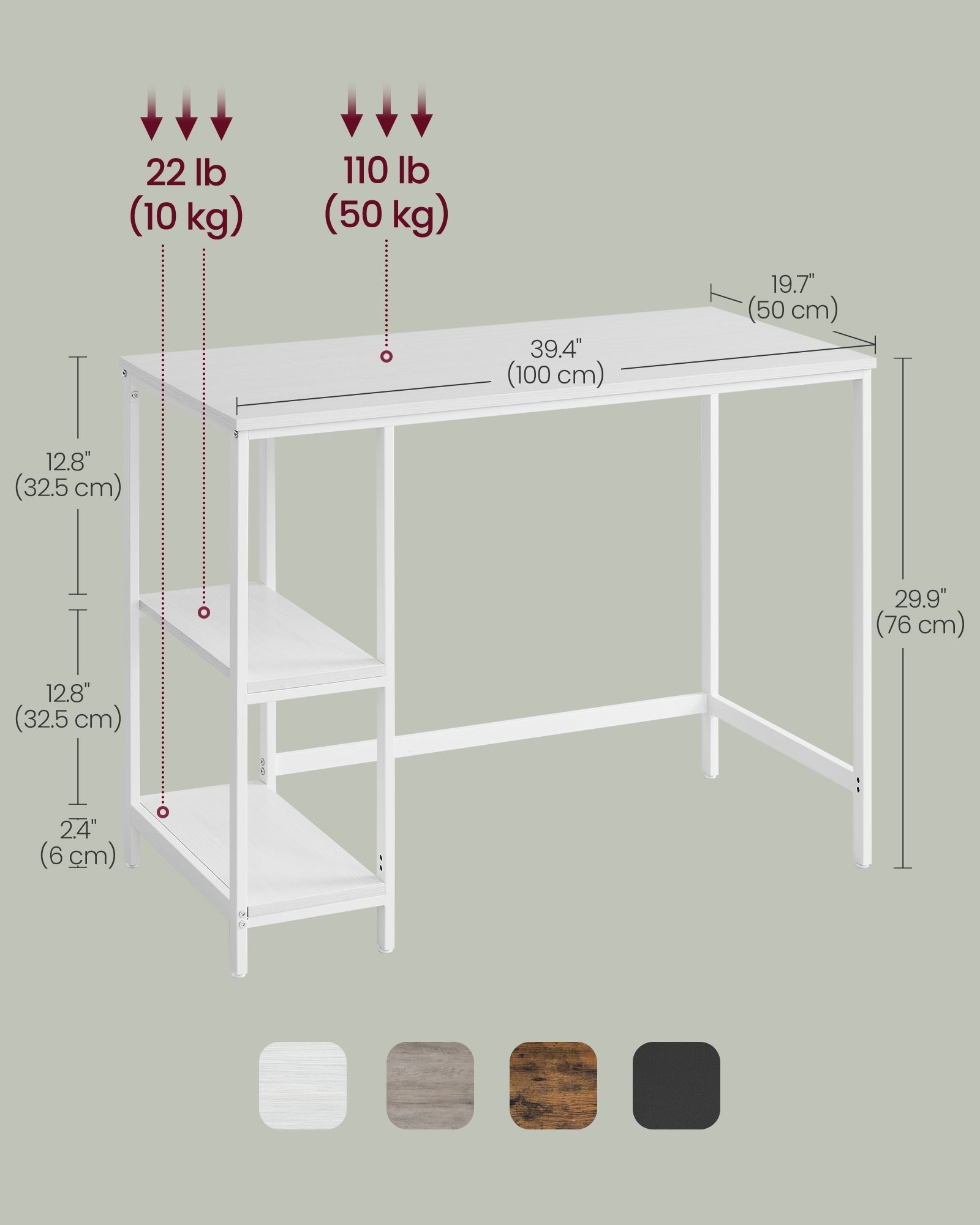 Computer Desk - Steel - Maple White - 100 cm Wide with Adjustable Shelves