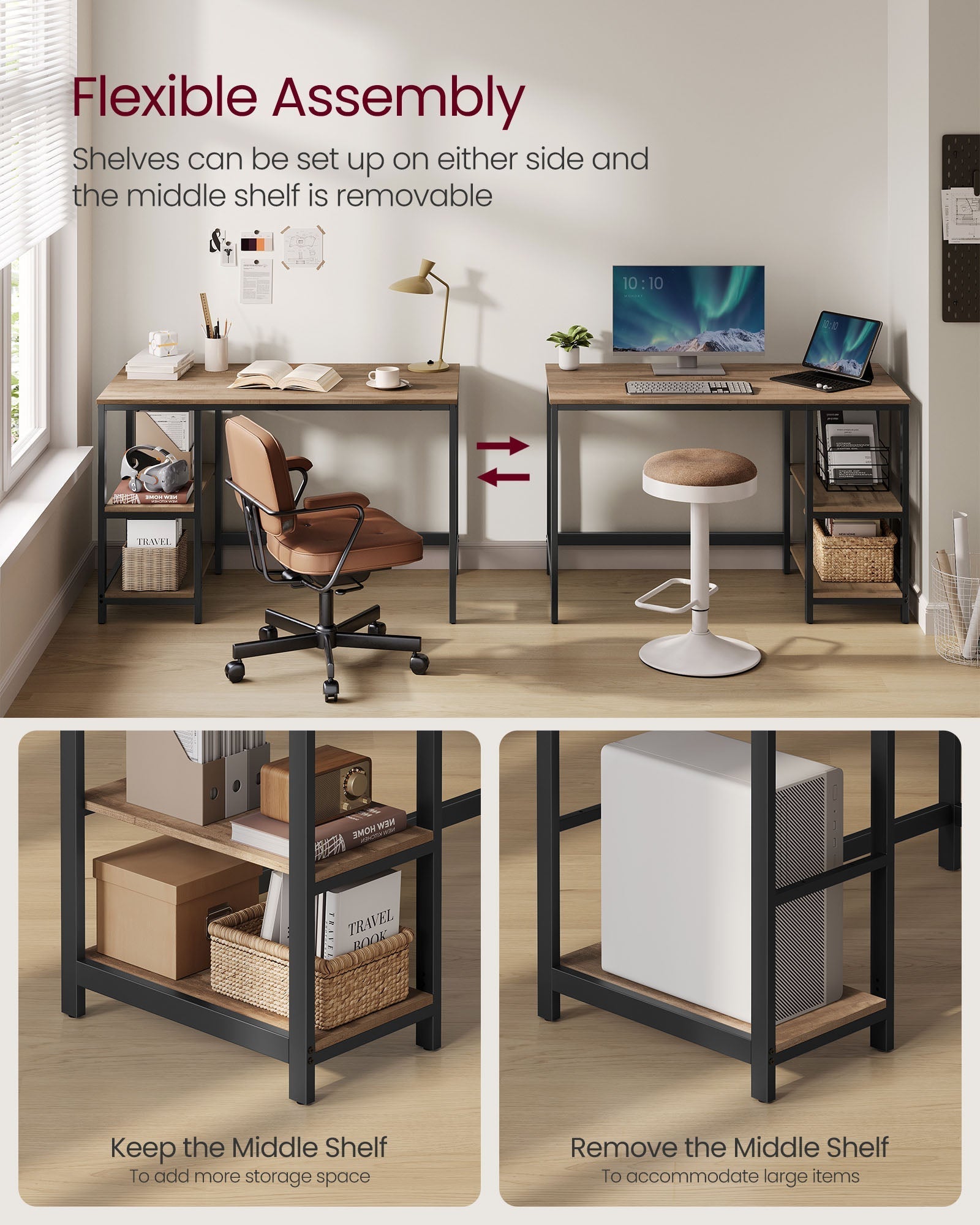 Writing Desk - Metal - Camel Brown - Adjustable Shelves