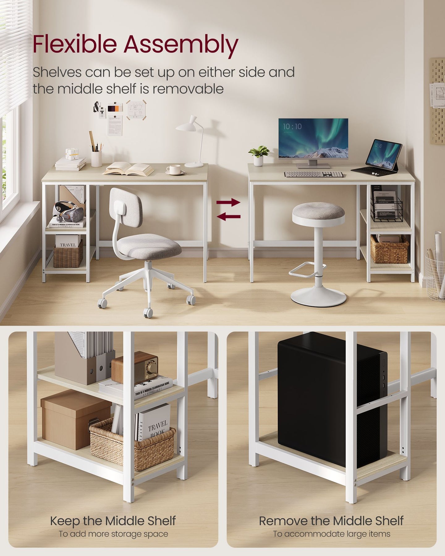 Writing Desk - Metal - Natural Beige - Adjustable Shelves