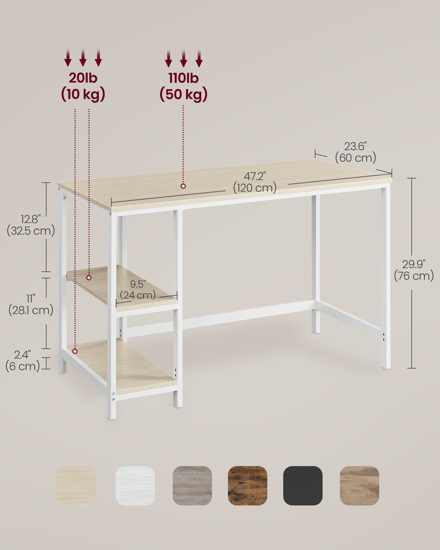 Writing Desk - Metal - Natural Beige - Adjustable Shelves