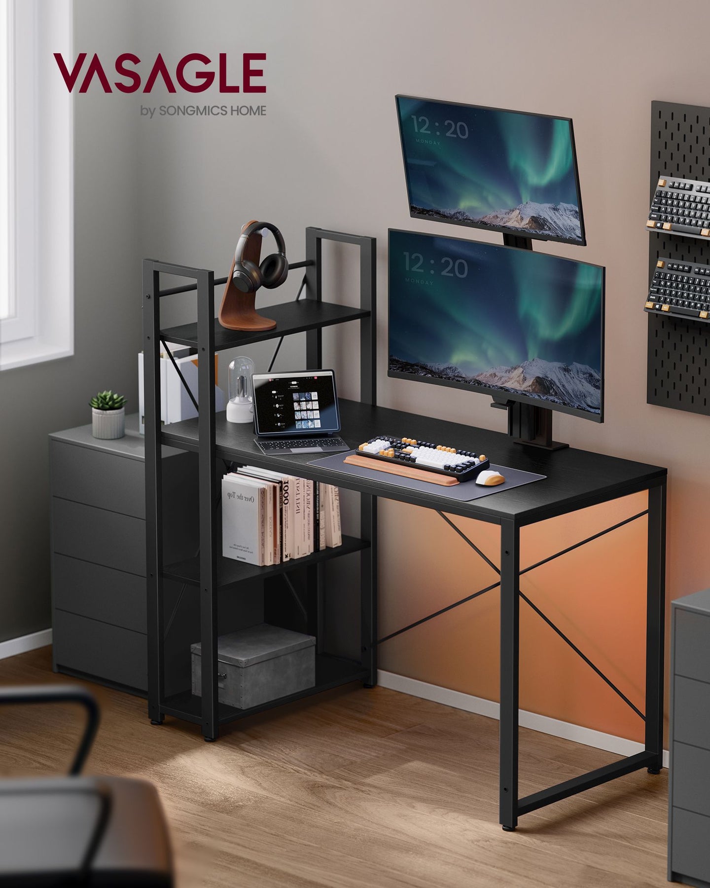 Computer Desk - Wood - Rustic Brown and Black - 120 cm with Storage Shelves