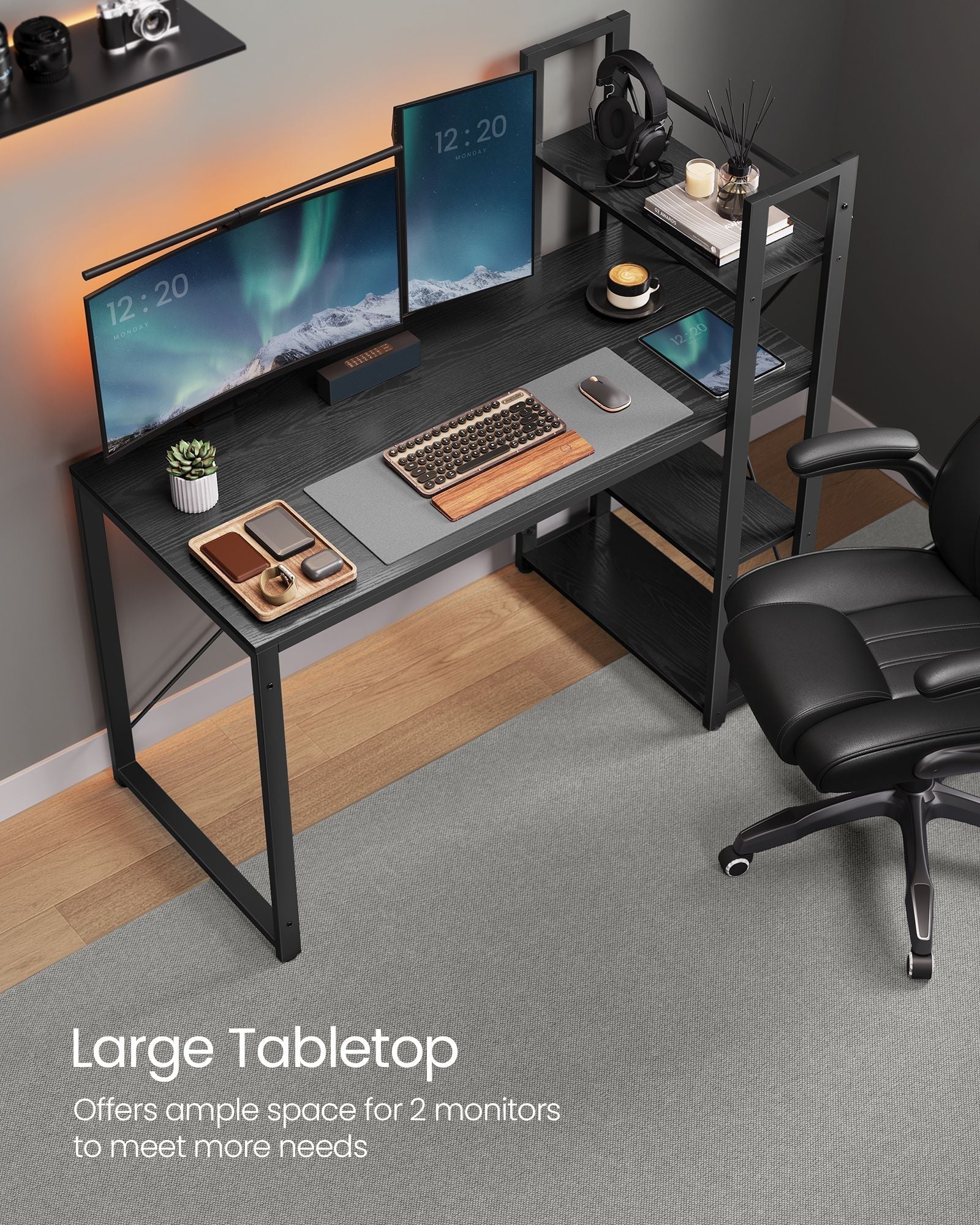 Writing Desk - Wood - Rustic Brown and Black - Adjustable Storage Shelves