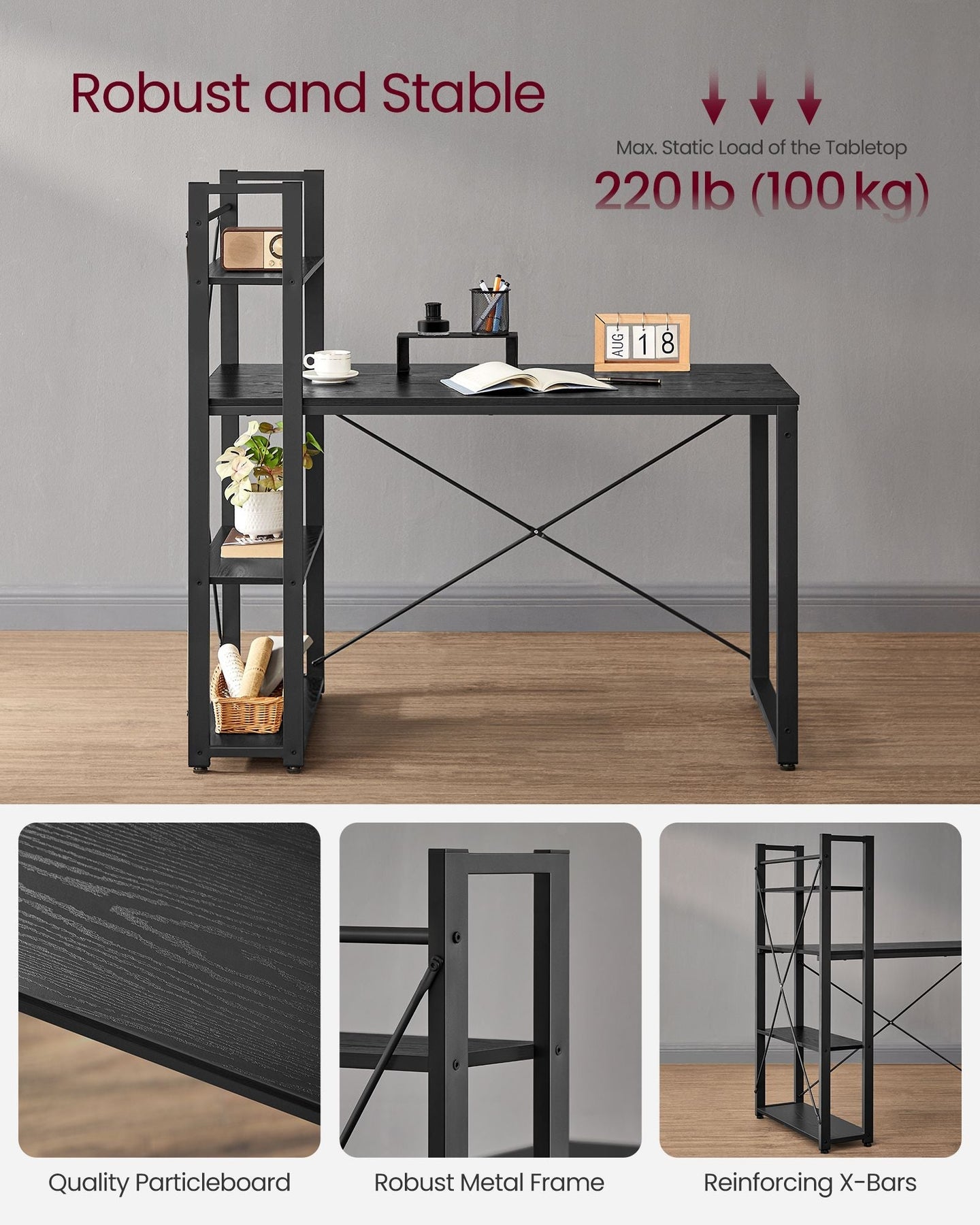 Writing Desk - Wood - Rustic Brown and Black - Adjustable Storage Shelves