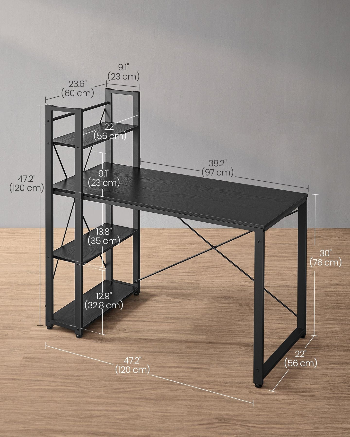Writing Desk - Wood - Rustic Brown and Black - Adjustable Storage Shelves