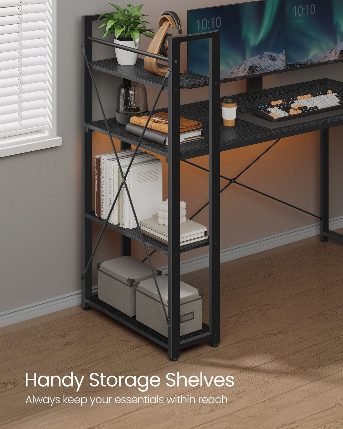 Computer Desk - Wood - Ebony Black - Stable Design with Storage Shelves