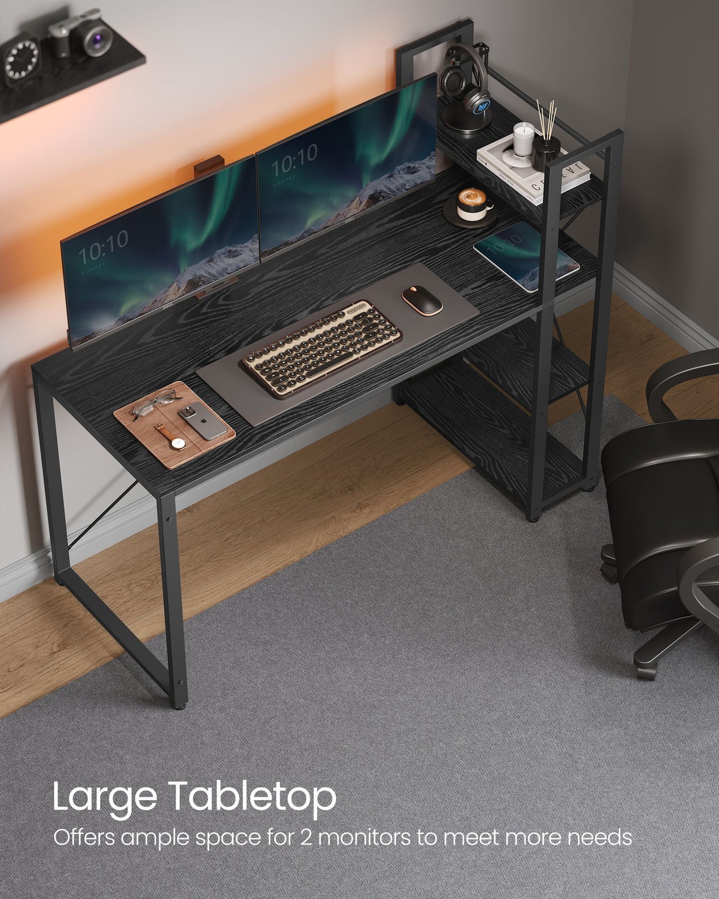 Computer Desk - Wood - Ebony Black - Stable Design with Storage Shelves