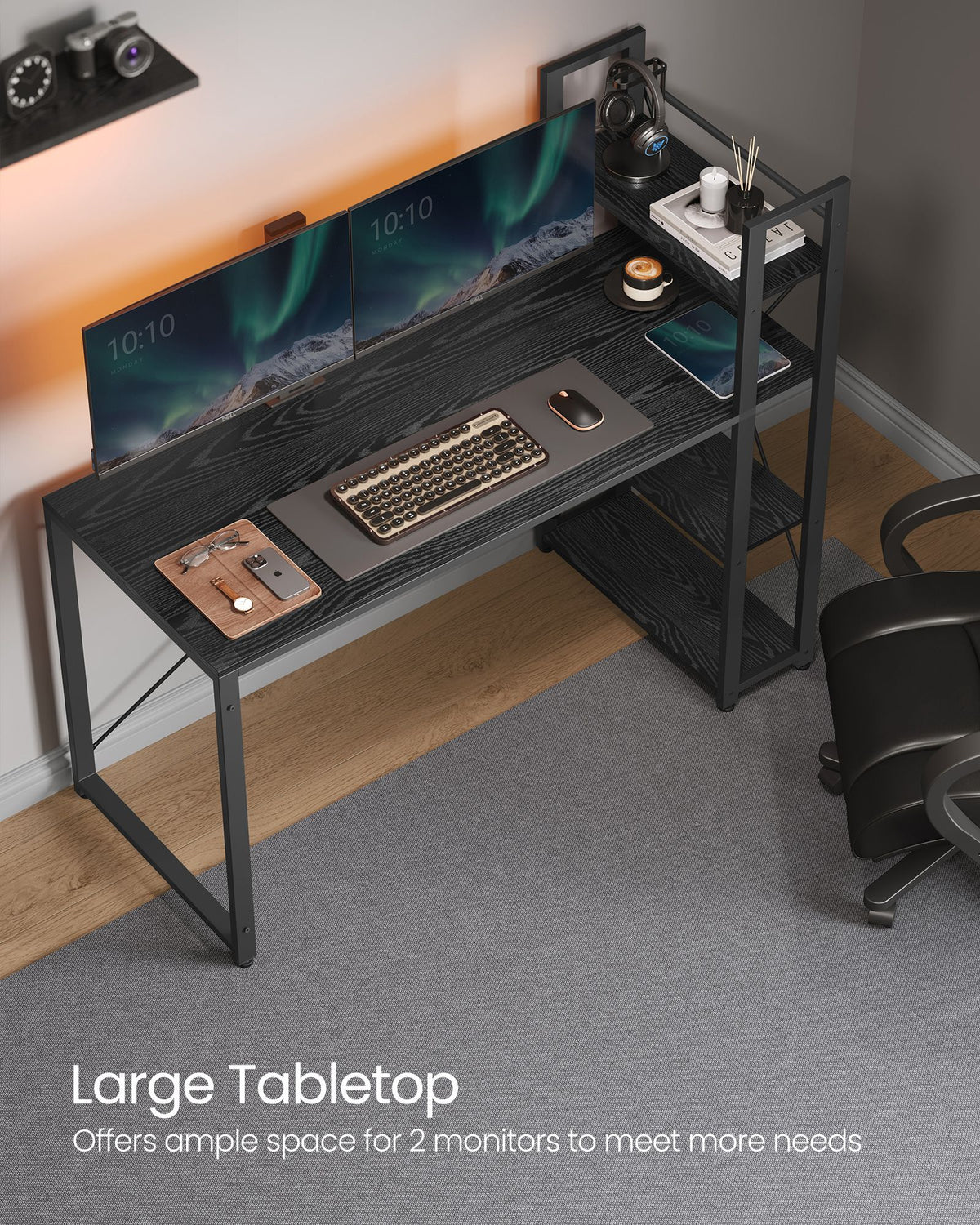 Computer Desk - Wood - Ebony Black - Stable Design with Storage Shelves