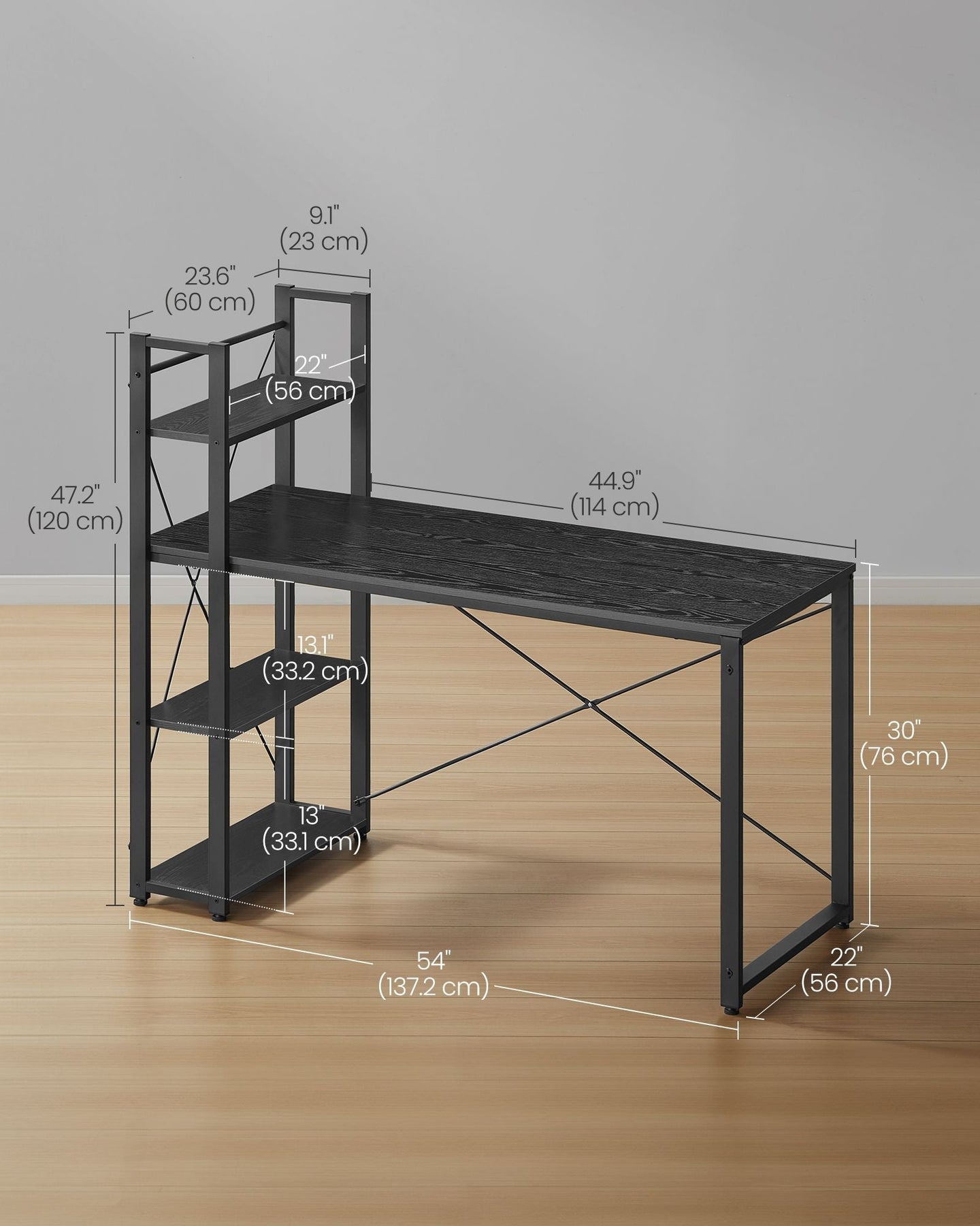Computer Desk - Wood - Ebony Black - Stable Design with Storage Shelves