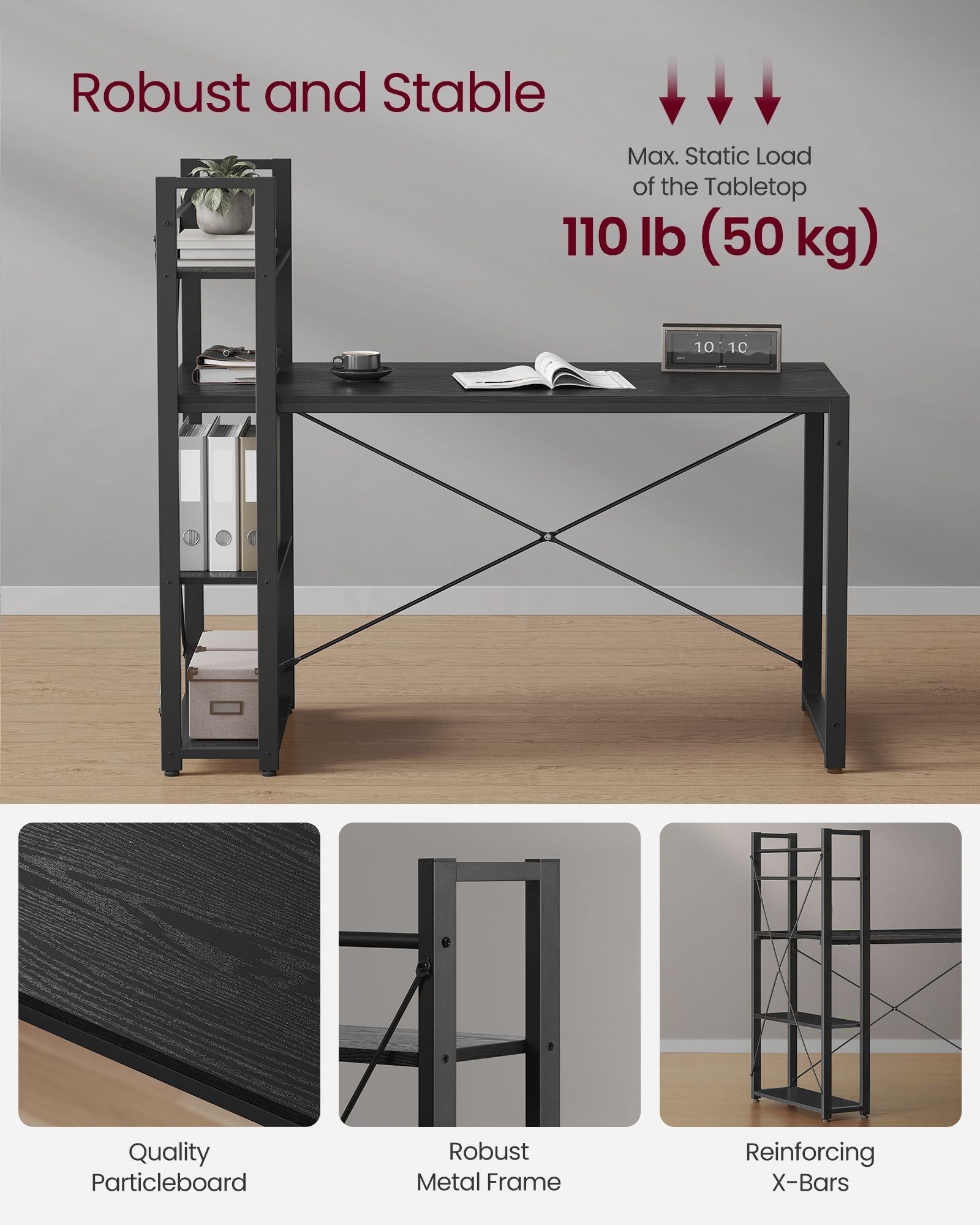 Computer Desk - Wood - Ebony Black - Stable Design with Storage Shelves