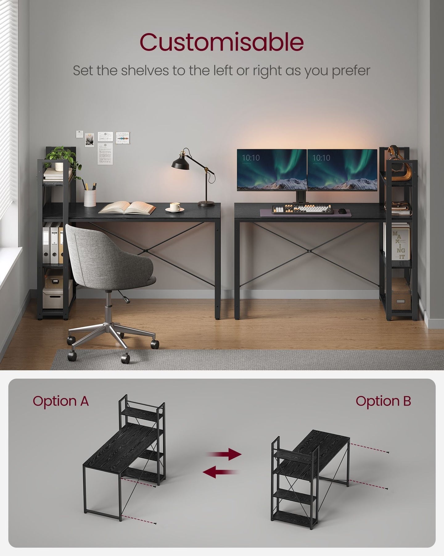 Computer Desk - Wood - Ebony Black - Stable Design with Storage Shelves