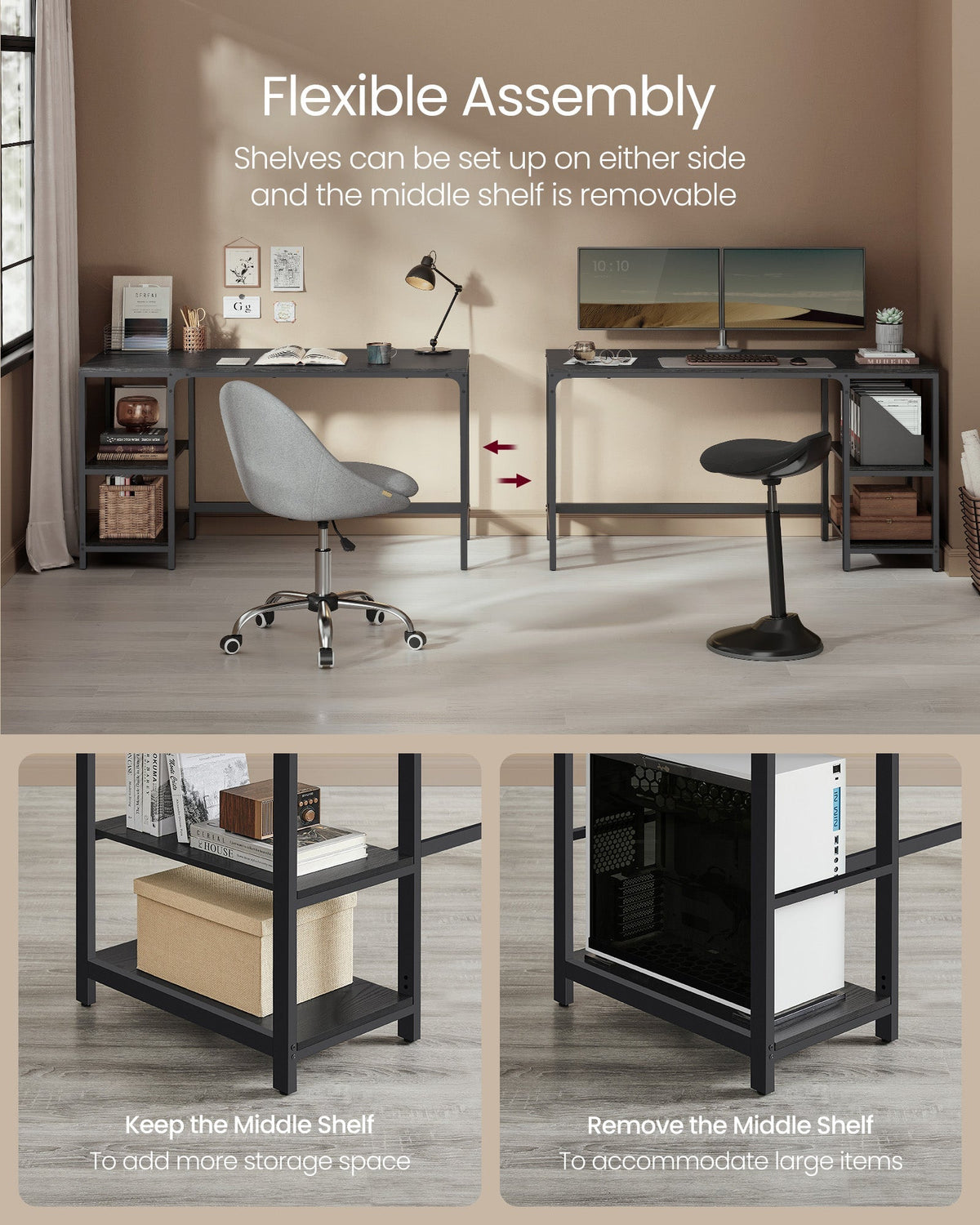 Computer Desk – 2 Storage Shelves – Steel Frame