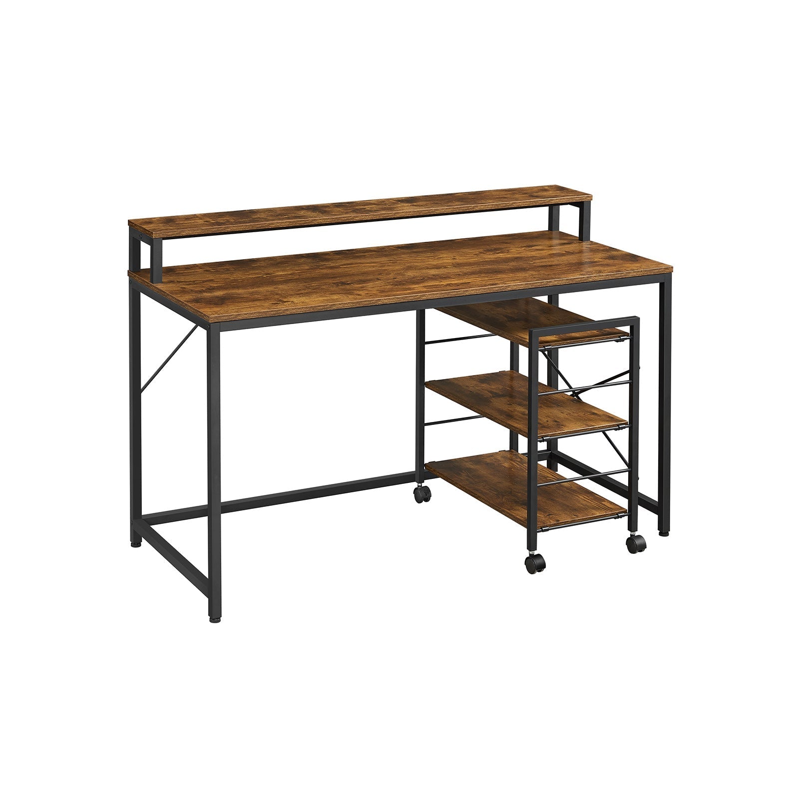 Writing Study Desk - Wood - Rustic Brown and Black - Monitor Stand and File Storage Shelves