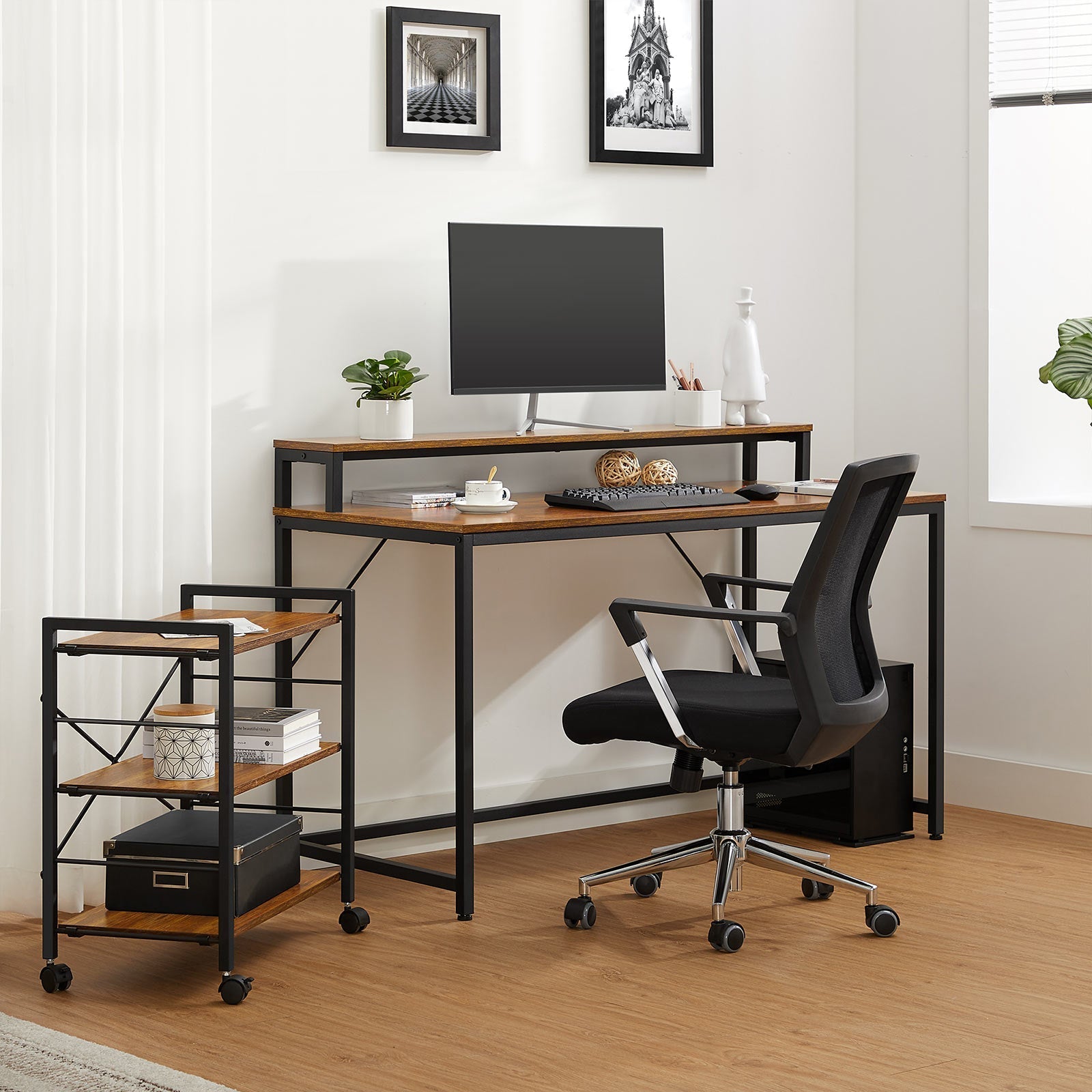 Writing Study Desk - Wood - Rustic Brown and Black - Monitor Stand and File Storage Shelves