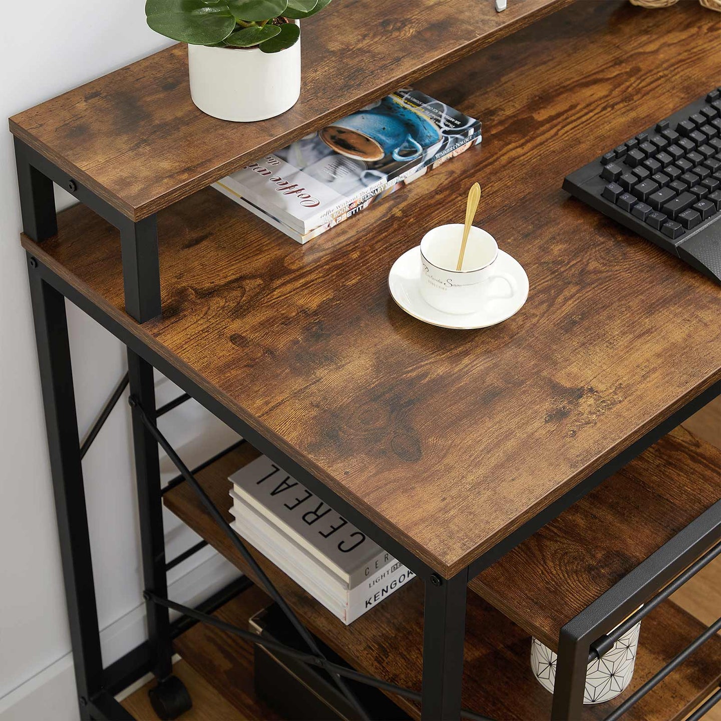 Writing Study Desk - Wood - Rustic Brown and Black - Monitor Stand and File Storage Shelves